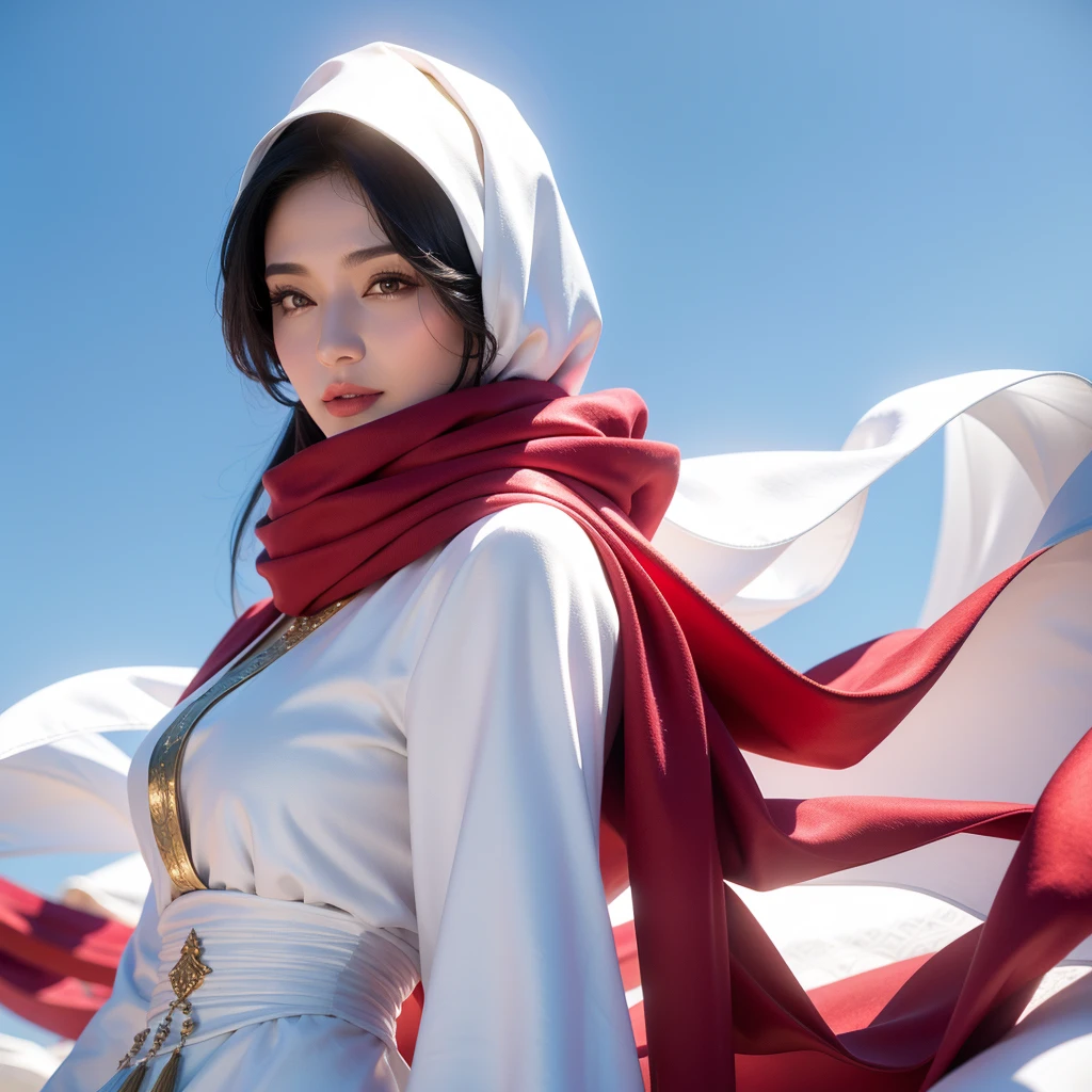 arafed woman in a white and gold dress and a red scarf, a picture inspired by Nazmi Ziya Güran, shutterstock, hurufiyya, beautiful oriental woman, white hijab, wonderful, wearing a luxurious silk cloak, portrait shot, traditional beauty, captured on canon eos r 6, arabian beauty, beautiful arab woman, gorgeous lady