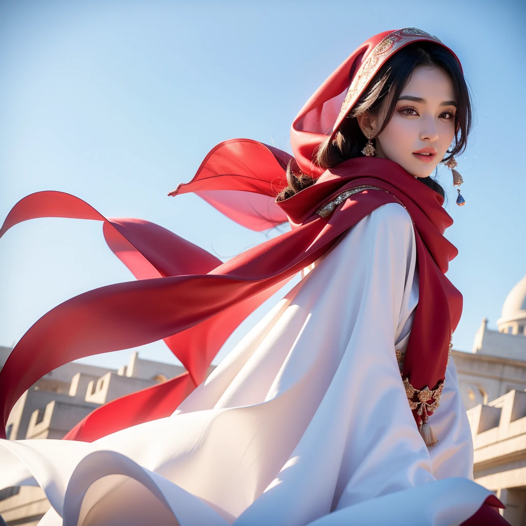 arafed woman in a white and gold dress and a red scarf, a picture inspired by Nazmi Ziya Güran, shutterstock, hurufiyya, beautiful oriental woman, white hijab, wonderful, wearing a luxurious silk cloak, portrait shot, traditional beauty, captured on canon eos r 6, arabian beauty, beautiful arab woman, gorgeous lady