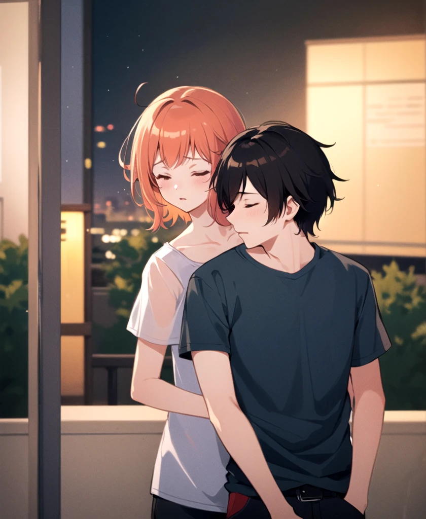 (masterpiece),( high quality), (High resolution,Best image quality), Absurd, One girl, One boy, The boy closed his eyes, Girl hugging boy from behind,Hug from behind, Outdoor