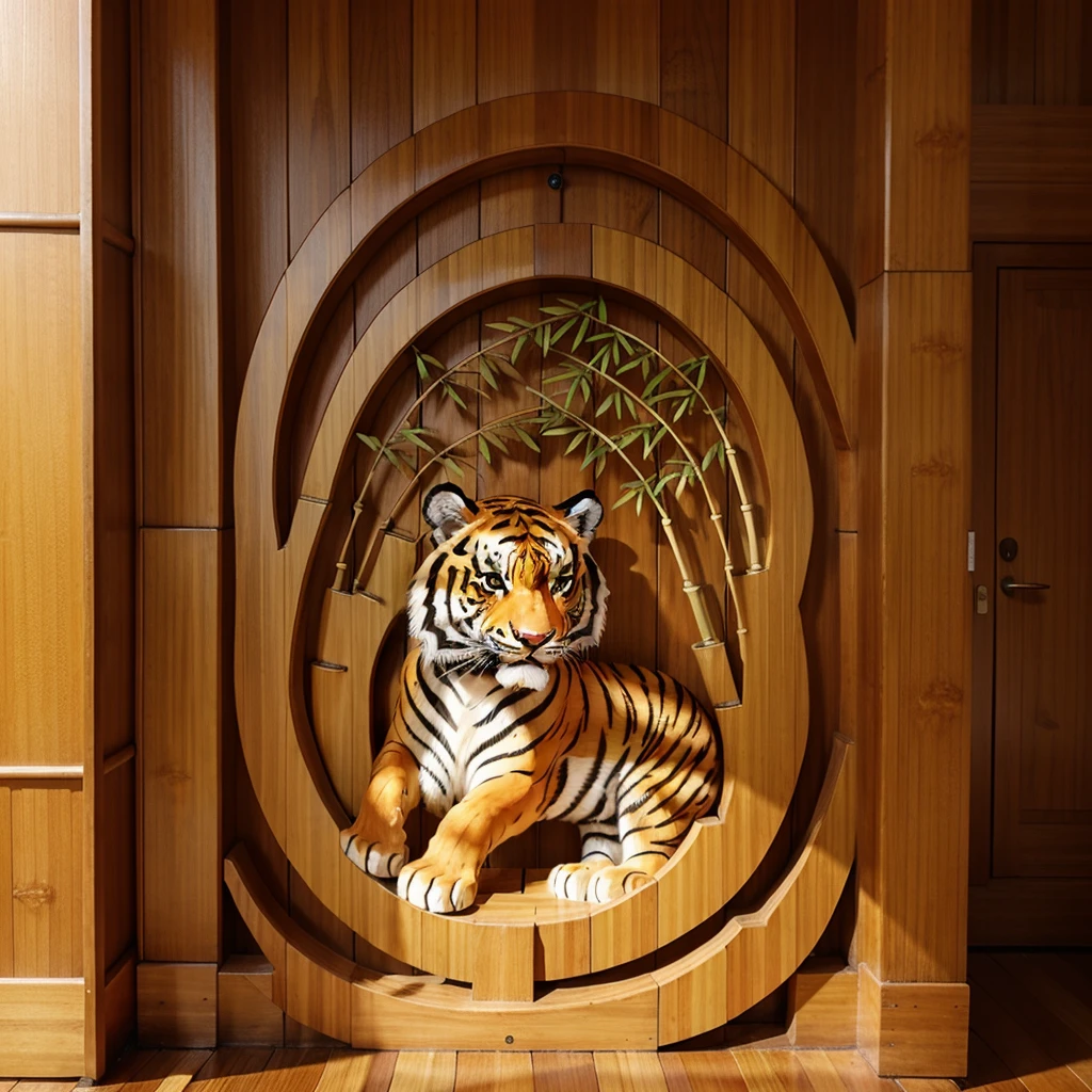 mid century wooden carved relief masterpiece showing a tiger in a bamboo forest