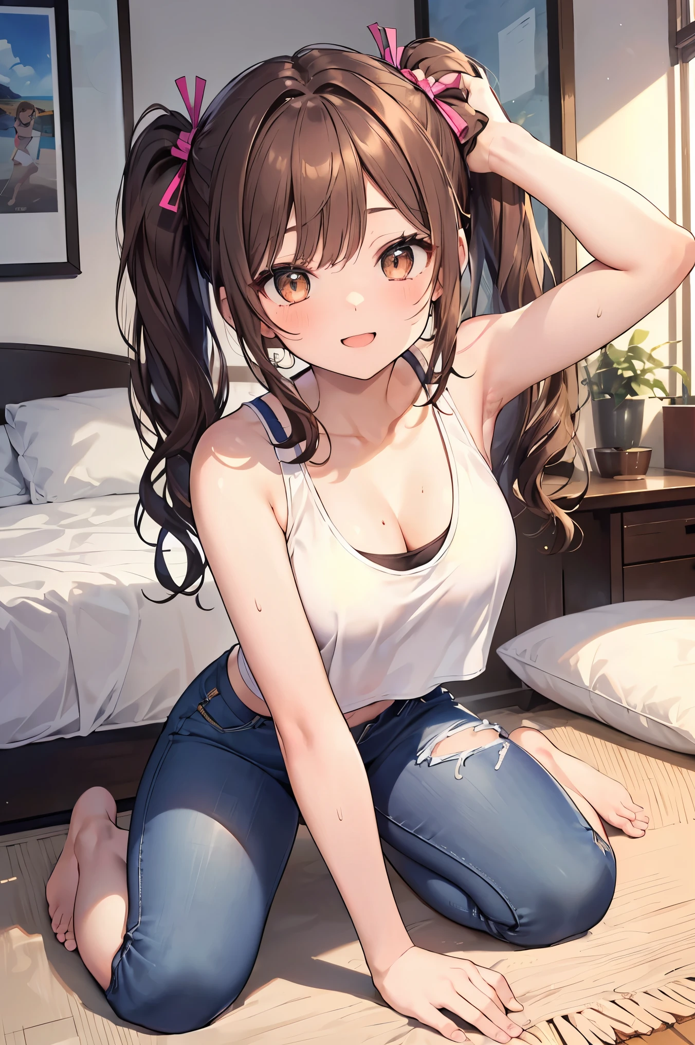 Highest quality、Elementary school student bra、Beige shorts、Cool look、Stretch your legs in the room、Armpit sweat、Grass、Ecstasy face,(Attractive person)， (1 girl), (Highly detailed face, smile) ,, (Japanese Girls), Slightly round face,  cute, Big eyes、2D，Highest quality，(masterpiece)，(((whole bodyが映る)))，(((whole body)))，Twin tails up to the shoulders，((Amber brown hair))，((Beach Waves))，Healthy brown skin，((Denim hot pants))，「cheap」In a pink tank top，Shining bare feet，barefoot，Beautiful brown eyes，Attractive thighs，Sloppy body type，Bedroom，get drunk，Superior，cheeks are bright red，Sexy as hell，Erotic look，Sleep with your legs stretched、My Room
