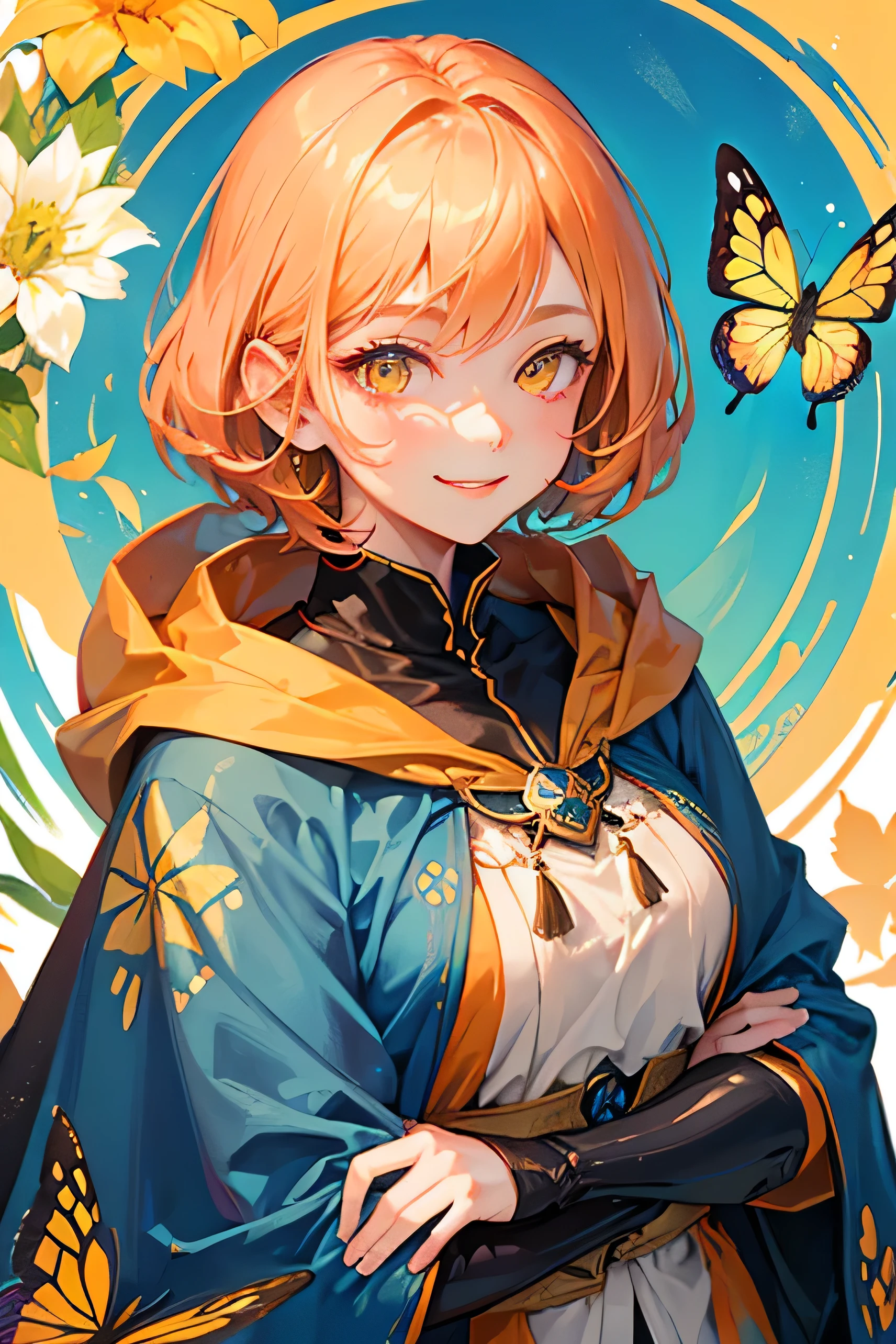 A beautiful adult woman wearing a cloak、Orange short hair and yellow eyes、Strong smile、Face close-up、Blue swallowtail butterfly flapping background