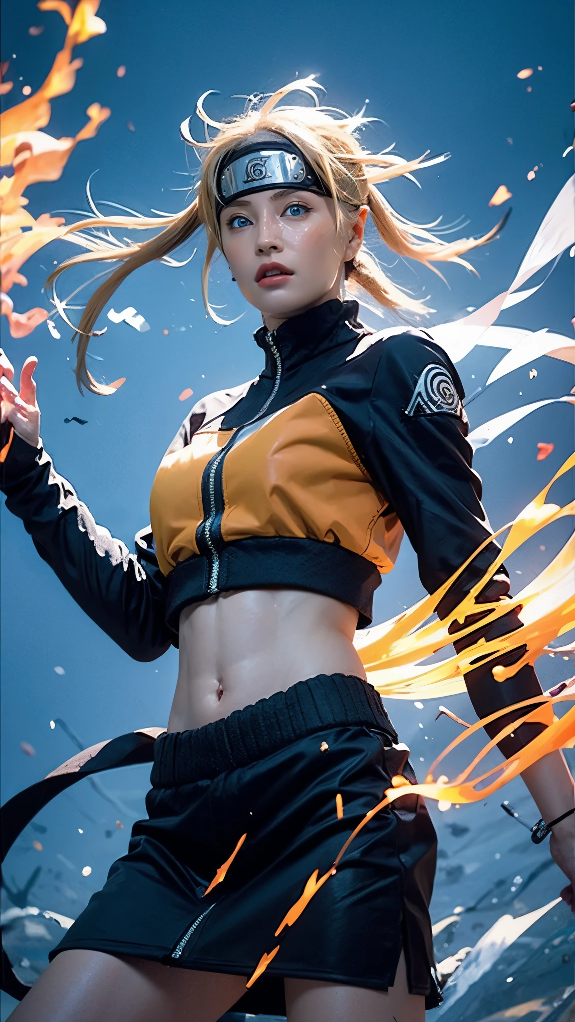 Moisturized skin, (gradient eyes), realistic body, (adult female body), energetic, (), (girl), crop top,
BREAK,
bright red lipstick, (beautiful navel), (golden hair), beautiful hair, (Naruto Uzumaki's clothes), (twintails), (leather), mini skirt,
BREAK,
((masterpiece + highest quality + high resolution + highly detailed)), (full body: 1.2), symmetrical, one shot,
BREAK,
(electric shock), (wind blows), (blue electricity), (battle stance: 1.4),
BREAK,
assassination, cut, kunai, fantastical, dynamic,