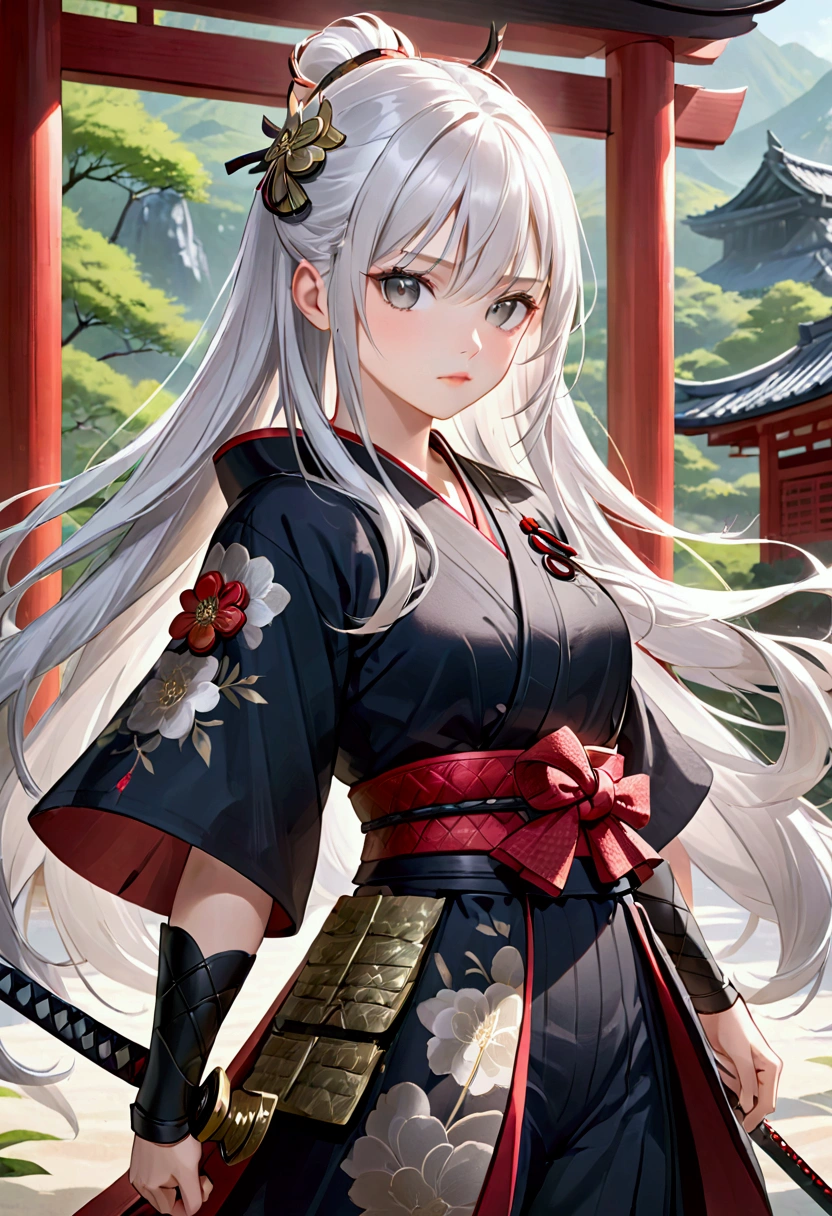 A girl with long smooth white hair,grey eyes,fair skin tone, average height,samurai, detailed eyes, detailed body, 8k highres best quality.