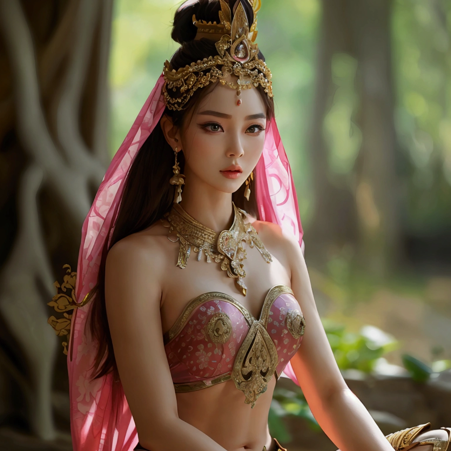 Create an image of a beautiful woman wearing a sexy traditional Thai female warrior outfit. She has a slender face, sharp eyes, long hair, an angled face, a high nose, thin lips, a chest size of 32 inches, a waist size of 24 inches, hips size 33 inches, her skin is bright and white. she has brown hair She has pink nipples Her body was slim and muscular like an athlete. And she was enjoying sitting with her legs spread in an M shape, showing off her very attractive genitals.