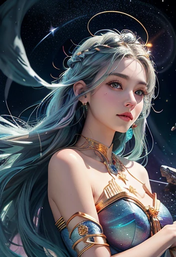 (Galactic Goddess:1.2), (celestial being:1.2), star-filled skin, flowing iridescent hair, ((masterpiece:1.4, best quality)), ((masterpiece, best quality)), (photo realistic:1.4), 1goddess, (divine female figure), ((glowing stars)), swirling nebulae, serene expression, (distant galaxies:1.2), cosmic attire, ((stardust gown, constellation patterns, celestial symbols)), ((floating asteroids:1.2)), shooting stars, radiant auroras, rich colors, deep blues, purples, hints of gold and silver, harmonious composition, magical, otherworldly, cosmic beauty, sexy pose,clean facial expression, professional lighting, physically-based rendering, ethereal, majestic, Rich Detail, Perfect Image Quality
