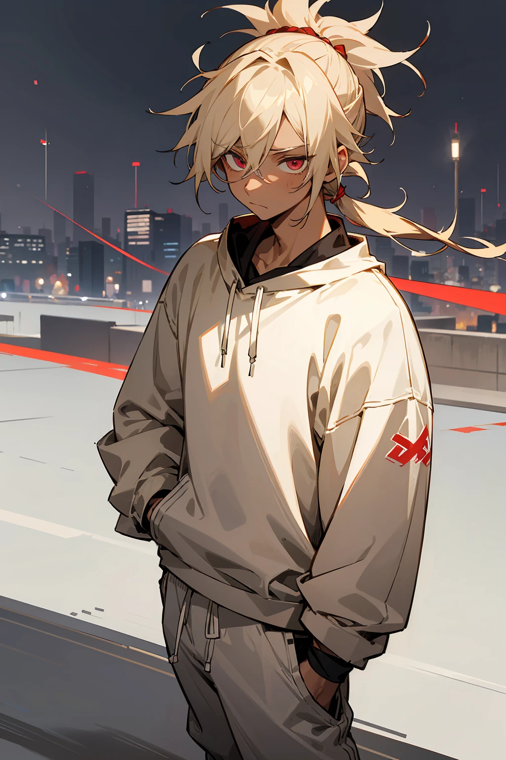 1male, teenager, faded blonde hair, ponytail, man bun, messy hair, crimson eyes, calm expression, white sweatshirt, white joggers, white jordans, dark skin, standing on path, hands to side, city background, detailed background, detailed face