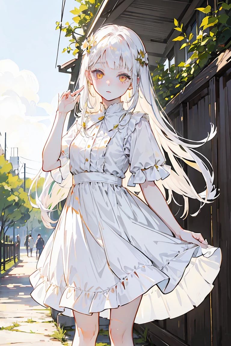 Girl with golden eyes , pale white skin , long white hair , , a somewhat short summer dress , (pose for a photo , with a gentle sound and rosy cheeks)