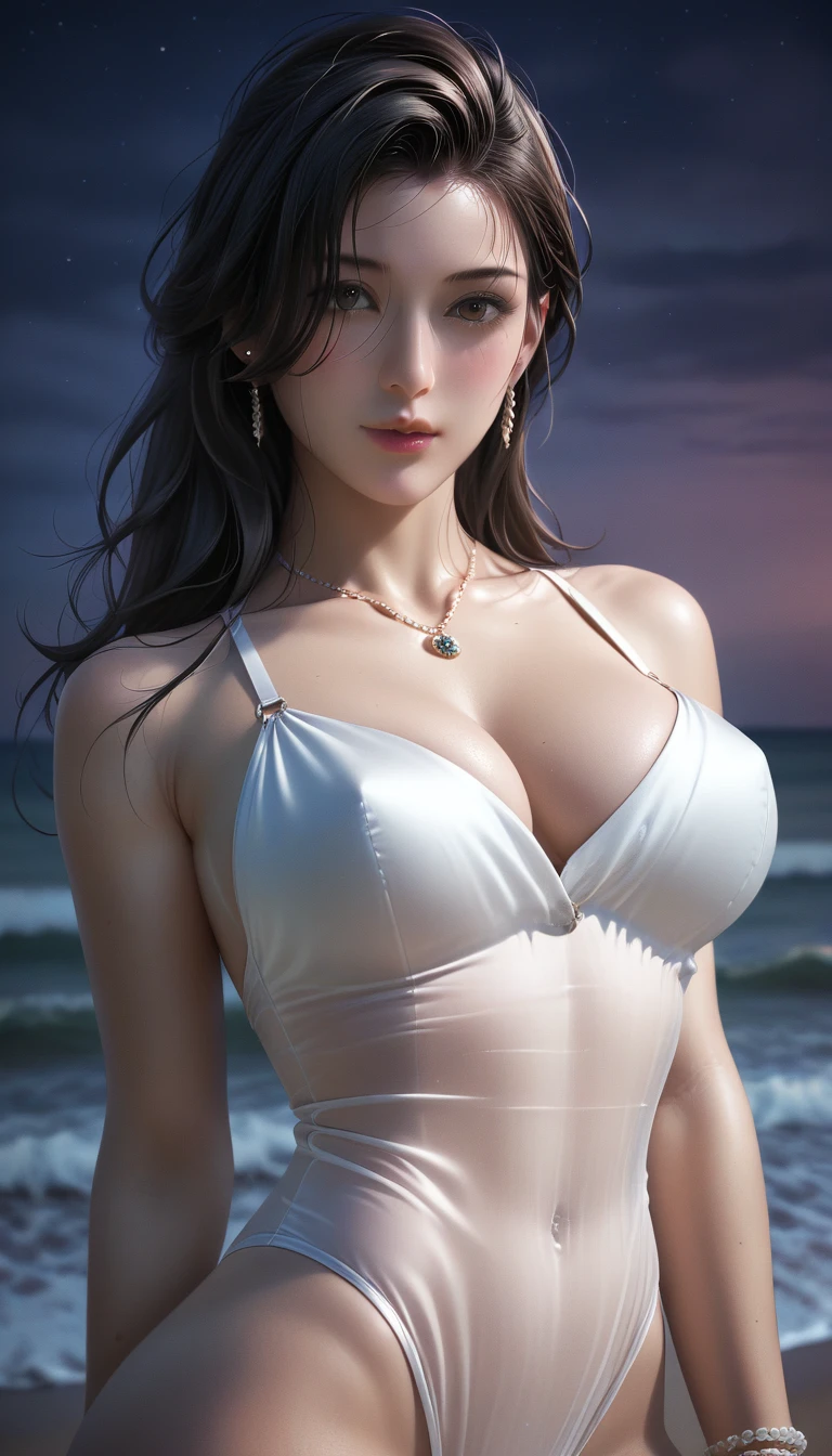 score_9, score_8_superior, score_7_superior, Masterpieces with up to 16K resolution,Highest quality,it is really amazing,Very detailed,Ultra-high resolution,(Ultra-realistic:1.1),(Realistic:1.1),Increased depth of field,Cinematic lighting,
Elegant Japanese MILF,
Long black hair,Ultra-detailed and beautiful faces,Translucent white skin,Very detailedな肌,
(Elegant white swimsuit:1.1),
Bold design,Artistic design,Beautiful and detailed pattern,Detailed fabric texture,
Gorgeous necklace,Earrings,
(Bali Beach:1.1),(Dark beach at night:1.1),(Deserted beach:1.1),(A pitch black night sky with dark clouds:1.1),
(Cinematic Angle:1.1),