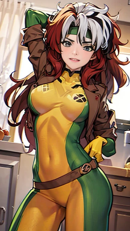 Rogue has large breasts showing and she is at home and she is wearing her rogue costume