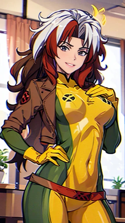 Rogue has large breasts showing and she is at home and she is wearing her rogue costume 