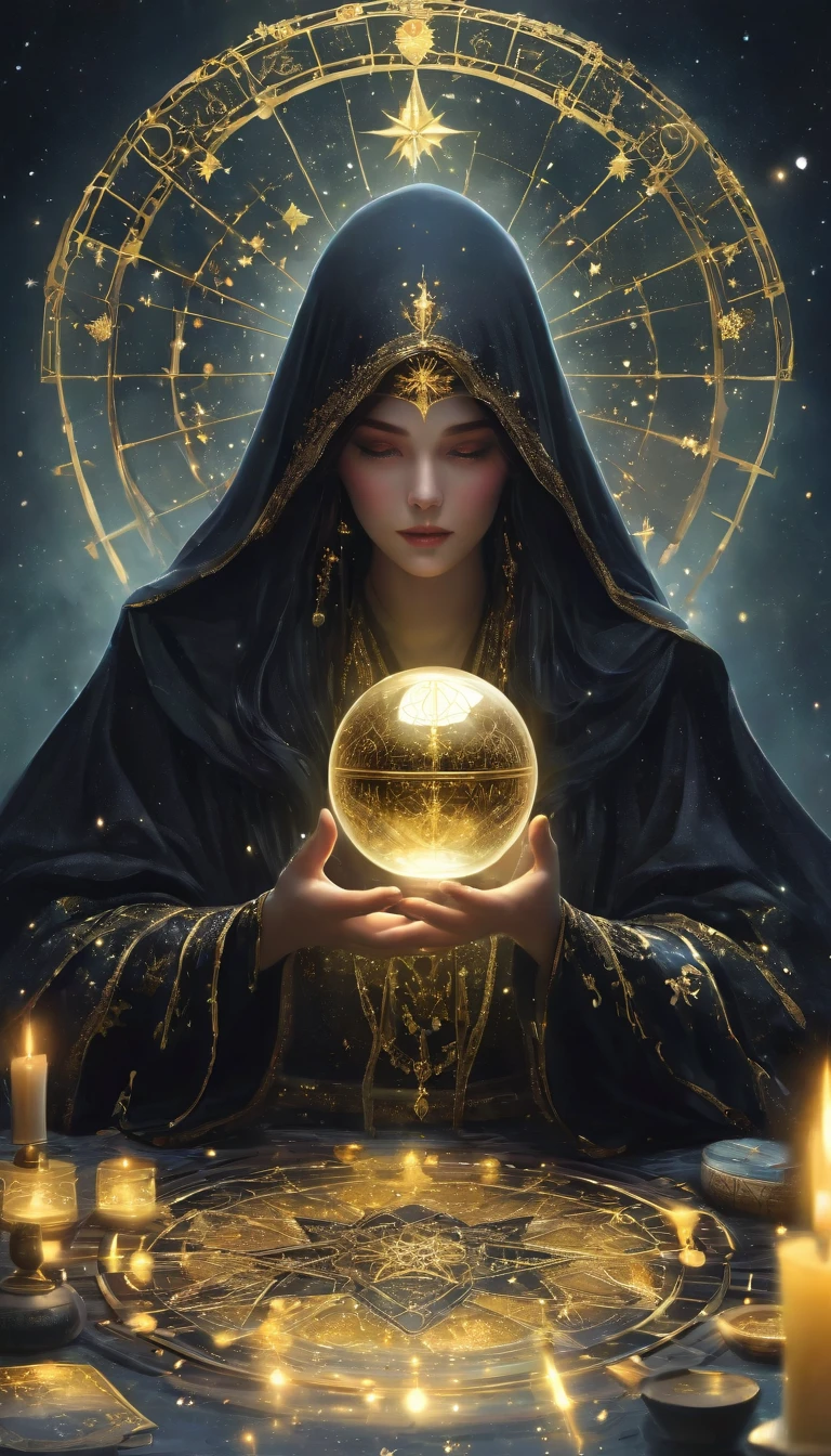 华丽的Tarot, A robed astrologer sits quietly at a table covered with symbols，Holding a crystal star ball in hand, There is text at the bottom of the card, fit snugly on face, Tarot, Very high texture quality, Front and sides, Full of mysterious magic, the Front and sides are on the card, The overall color is dark black and bright gold, Reflective shiny gold, Ultra-detailed face, Ultra-fine clothing texture, Ultra Detailed,