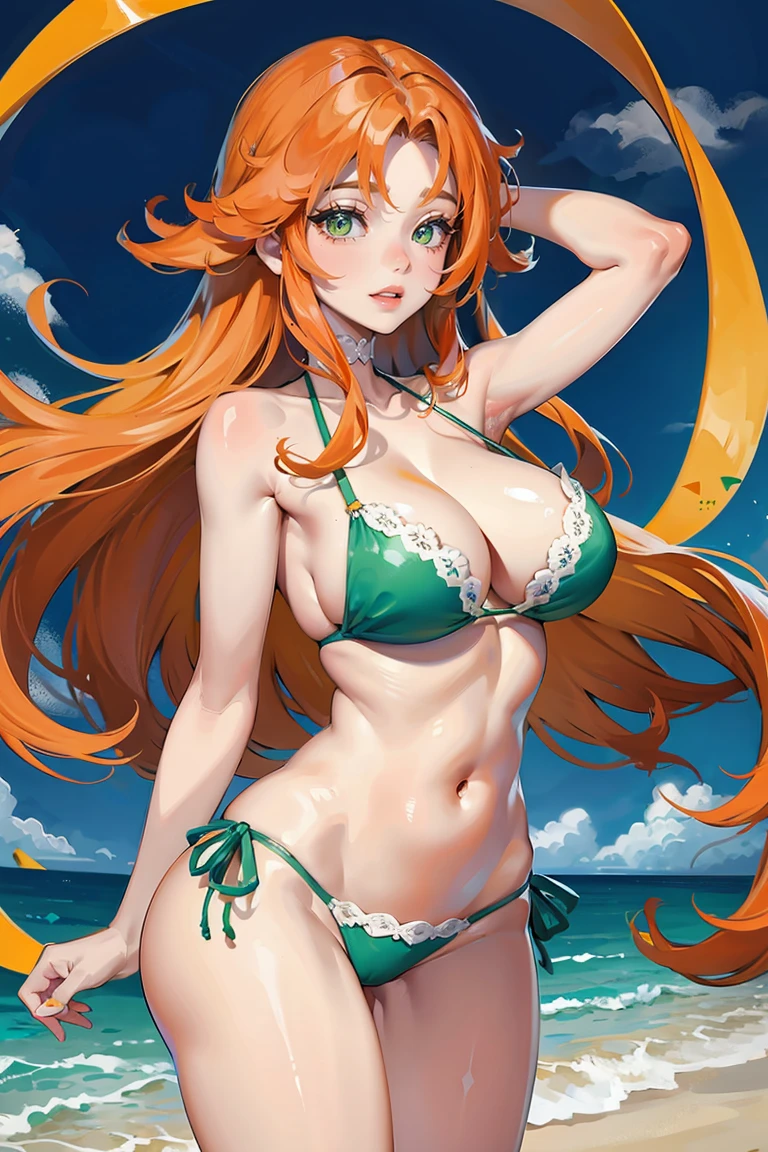 long orange hair, green eyes, large cleavage, sexy, bikini, curvy, rear view