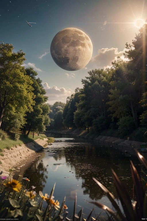 masterpiece, Best quality, high quality, extremely detailed 8k CG unit wallpaper, depth of field, HDR, photorealistic, extremely detailed, difficult, high detail, Sun, moon reflective
