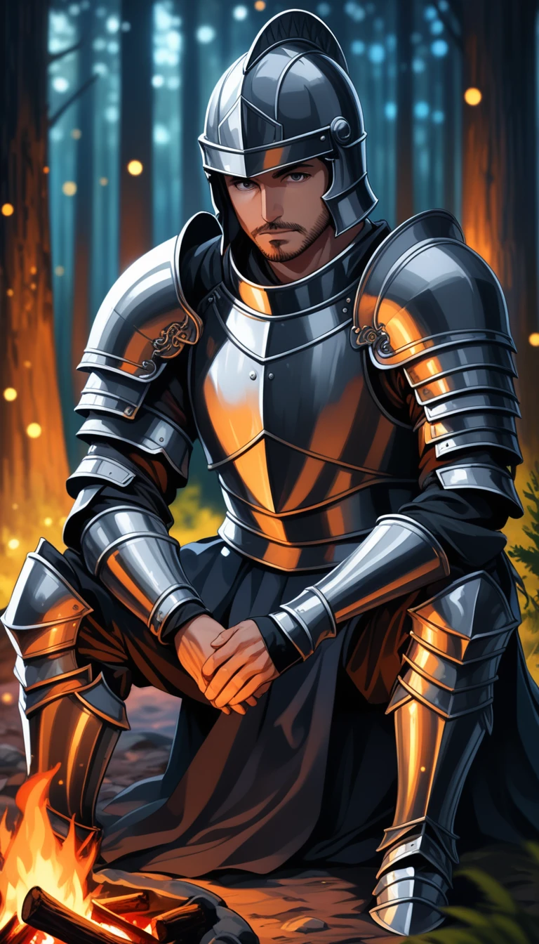 8K, RAW, best quality, masterpiece, ultra high res, colorful, (medium wide shot), (dynamic perspective), sharp focus, (depth of field, bokeh:1.3), extremely detailed eyes and face, beautiful detailed eyes, 
1man, solo, (Human, Knight, fullplate armor, muscular, ho helmet, calm face, stubble, short black hair), sits, hands on knees,
near campfire, lean back to tree, looking at viewer, facing viewer, right side view, forest background, dark forest, night time