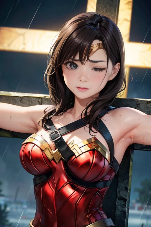 rain,Heavy rain,豪rain,In the midst of a storm,Soaking wet,My hair is soaking wet,Dripping Water,((Crucifixion)),(cross),(execution),((incontinence)),Bruises on the face,Facial blemishes,close ~ eye,sleeping face,syncope,((Woman in Crucifixion at the cross:1.5)),Crucifixion刑,(Wonder Woman),Torn Costume,Tattered clothes,Bruises on the face or body,masterpiece、fine eye、puffy eye、Highest quality, 超High resolution, (reality: 1.4), Cinema Lighting、(Ultra-realistic)、(High resolution)、(8k)、(Very detailed)、(Very detailedな)、 Detailed face、Bright lighting、Professional Lighting、Diagonal bangs、Brown Hair、20-year-old,Wonder Womanティアラ