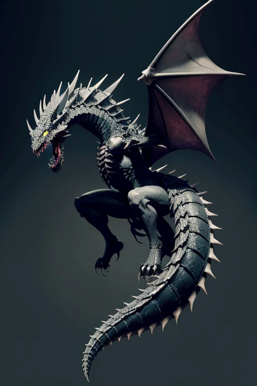 The Black Zombie Dragon is a colossal and terrifying creature, with weathered, decaying black scales that emit a funereal glow. Her wings, torn and covered with a tattered membrane, have a skeletal appearance, with visible bones and a wrinkled texture. The body is macabre, with sharp claws and spines that appear to be made of necrotic bone. The head is a mass of corrupted flesh, with eyes glowing an ominous greenish hue and a mouth full of sharp, rotting teeth. The dragon has a long, dark tail, covered in thorns, and exudes an aura of death and corruption, with dark vapors that hover around you.