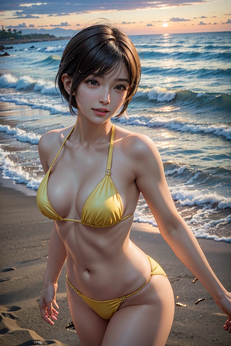 (masterpiece, 最high quality)
Yuffie Kisaragi,FF7, short hair,belly button,Brown eyes,Photorealistic,Ultra HD,high quality,masterpiece,Digital SLR,Detailed details,Intricate details,Anatomical basis,Depicted in detail,A detailed face,Realistic skin texture,Vivid details,Perfect Anatomy,Perfect Anatomy,Anatomically correct hand,Anatomically correct fingers,Super Detail,Complex 3D rendering,Sexy pose,The beautiful world of Final Fantasy 7,Yellow Sports Swimsuit,Wet,,Beautiful sunset,Beautiful sunset beach,Fantastic beaches,Fantasy worldview,Picturesque,Pink Lips,smile,Beautiful profile,