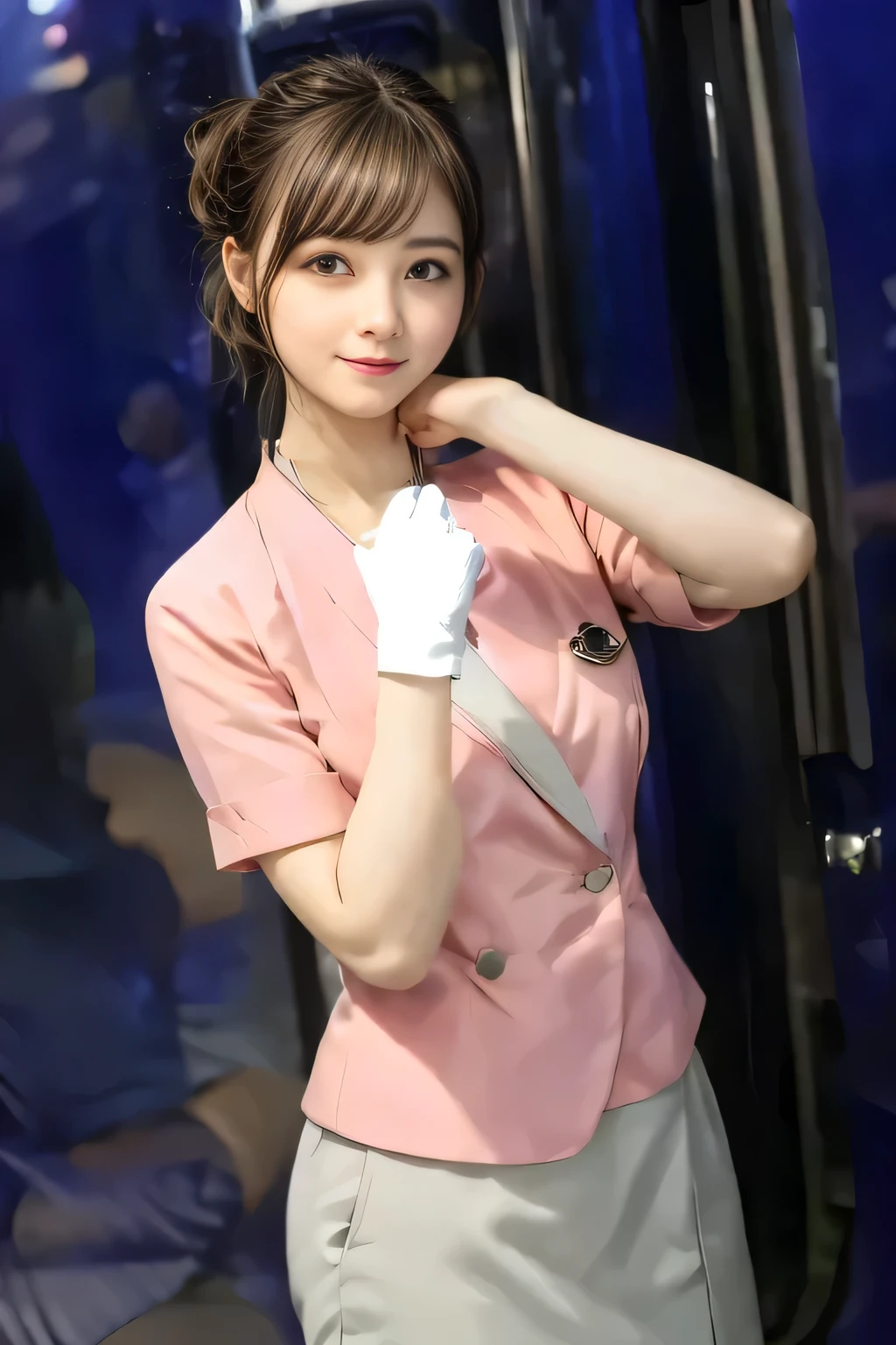 (masterpiece:1.2, Highest quality:1.2), 32k HDR, High resolution, (alone、1 girl)、（On the roof of a building in the daytime、Professional Lighting）、Building rooftop background、（Nankai train crew uniform pinkを着たリアルスタイル）、（Nankai Railway crew uniform, pink, short sleeve, collarless, pink jacket、No-collar short-sleeve blouse、Grey knee-length culottes）、（（The bottom of the pink short-sleeved jacket cannot be tucked into the clay-colored culottes..））、Dark brown hair、（Hair tied up、Chignon）、Dark brown hair、Long Shot、Big Breasts、Thin legs、（（Great hands：2.0）），（（Harmonious body proportions：1.5）），（（Normal limbs：2.0）），（（Normal finger：2.0）），（（Delicate eyes：2.0）），（（Normal eyes：2.0））)、smile、（A beautiful figure showing off the Nankai Railway crew uniform）、Bring your hands down