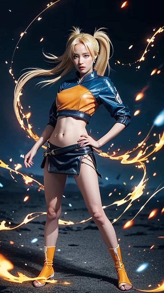 Moisturized skin, (gradient eyes), realistic body, (adult female body), energetic, (), (girl), crop top,
BREAK,
bright red lipstick, (beautiful navel), (golden hair), beautiful hair, (Naruto Uzumaki's clothes), (twintails), (leather), mini skirt,
BREAK,
((masterpiece + highest quality + high resolution + highly detailed)), (full body: 1.2), symmetrical, one shot,
BREAK,
(electric shock), (wind blows), (blue electricity), (battle stance: 1.4),
BREAK,
assassination, cut, kunai, fantastical, dynamic,