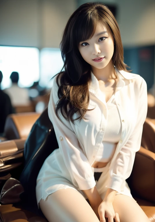 Flight Attendant、(Highest quality)、((Very detailed))、4K、(8K)、masterpiece、Very detailedな、Highest quality、Super Resolution、1 person、Kind Face、Soft Light、RAW quality、Soft Skin、163cm、Thighs、plane