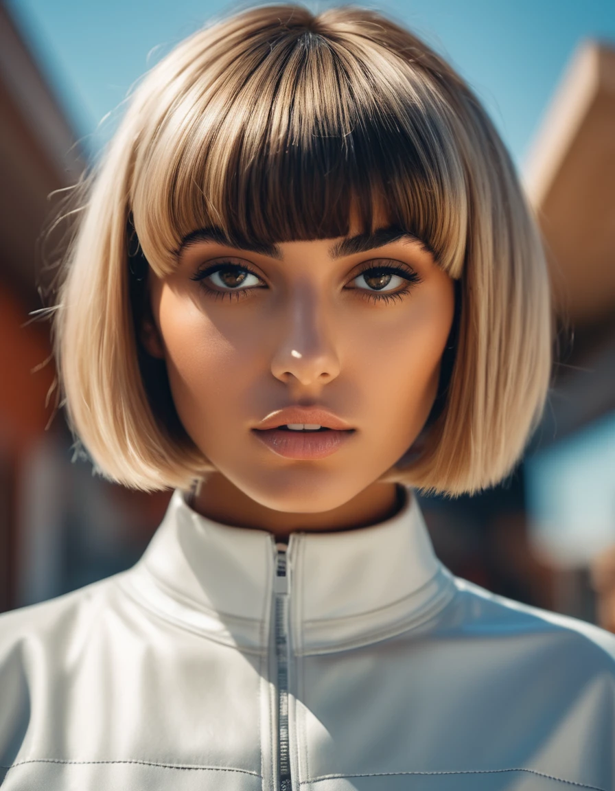 photograph, Foul Futuristic arabic Female Tanner, Visionary hair, Bowl cut hairstyle, near School, soft focus, from below, Ultrarealistic, Normcore Art, film grain, Nikon Z9, F/8, four colors, [art by Léon Bakst, (art by Jarek Kubicki:0.7) :3], 