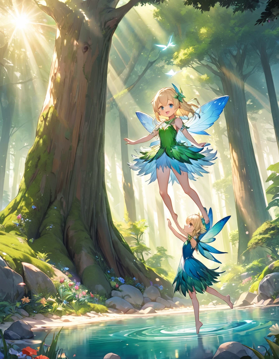 Highest quality, Ultra-high resolution, Two Girls, (1st person、Transparent silver hair、Feathery green costume,Palm-sized fairy)、(Second Person、Clear long blonde hair、Feathery blue costume,Palm-sized fairy)、(Dancing in the air)、 (background、lake、big tree forest、gravel、Moss、flower、sunlight)、Compensate, Wide-angle