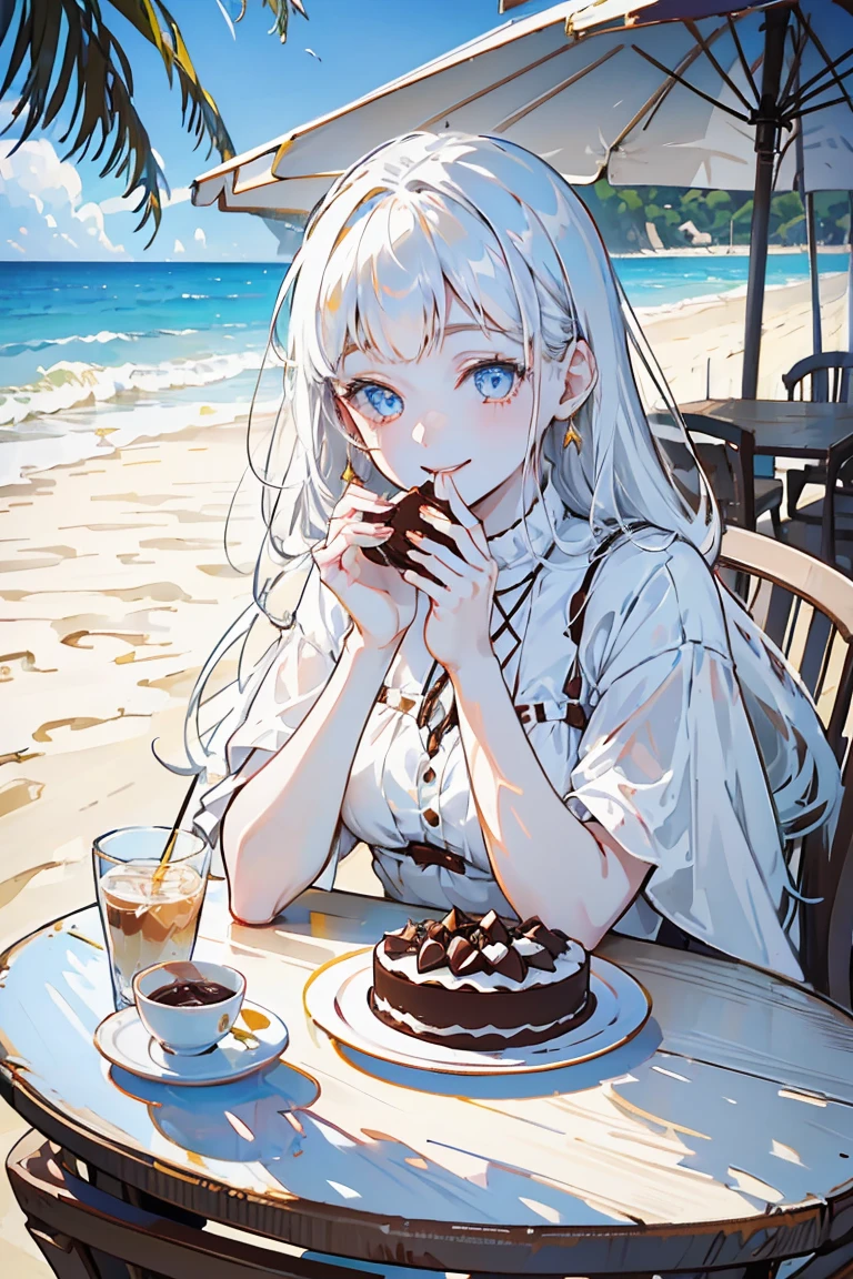 Girl with golden eyes , pale white skin , long white hair , , a somewhat short summer dress , (smiling while eating a chocolate cake, in a table , on the beach)