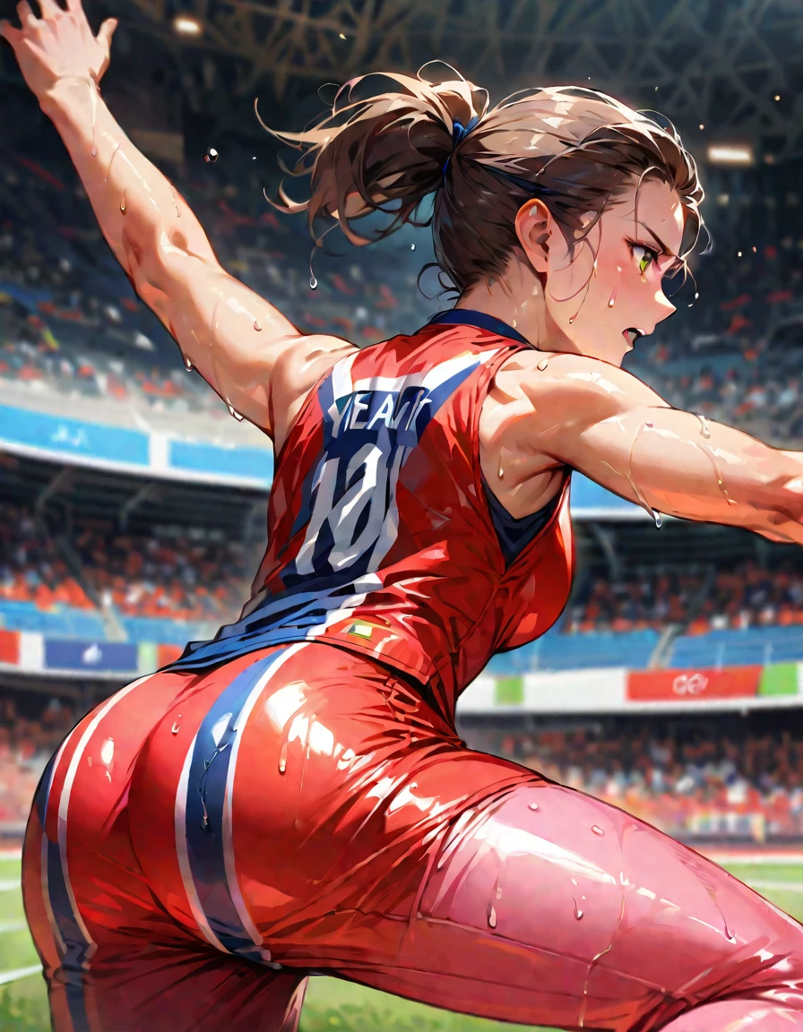 Young beautiful woman,(Highest quality,Extremely detailed depiction,Incredibly absurd high resolution,Anatomically accurate depiction),(Glowing Skin,Shiny skin),(Olympic athletes),(Player uniforms,Sweat,),In competition,SFW:1.5,background:Athletics Stadium