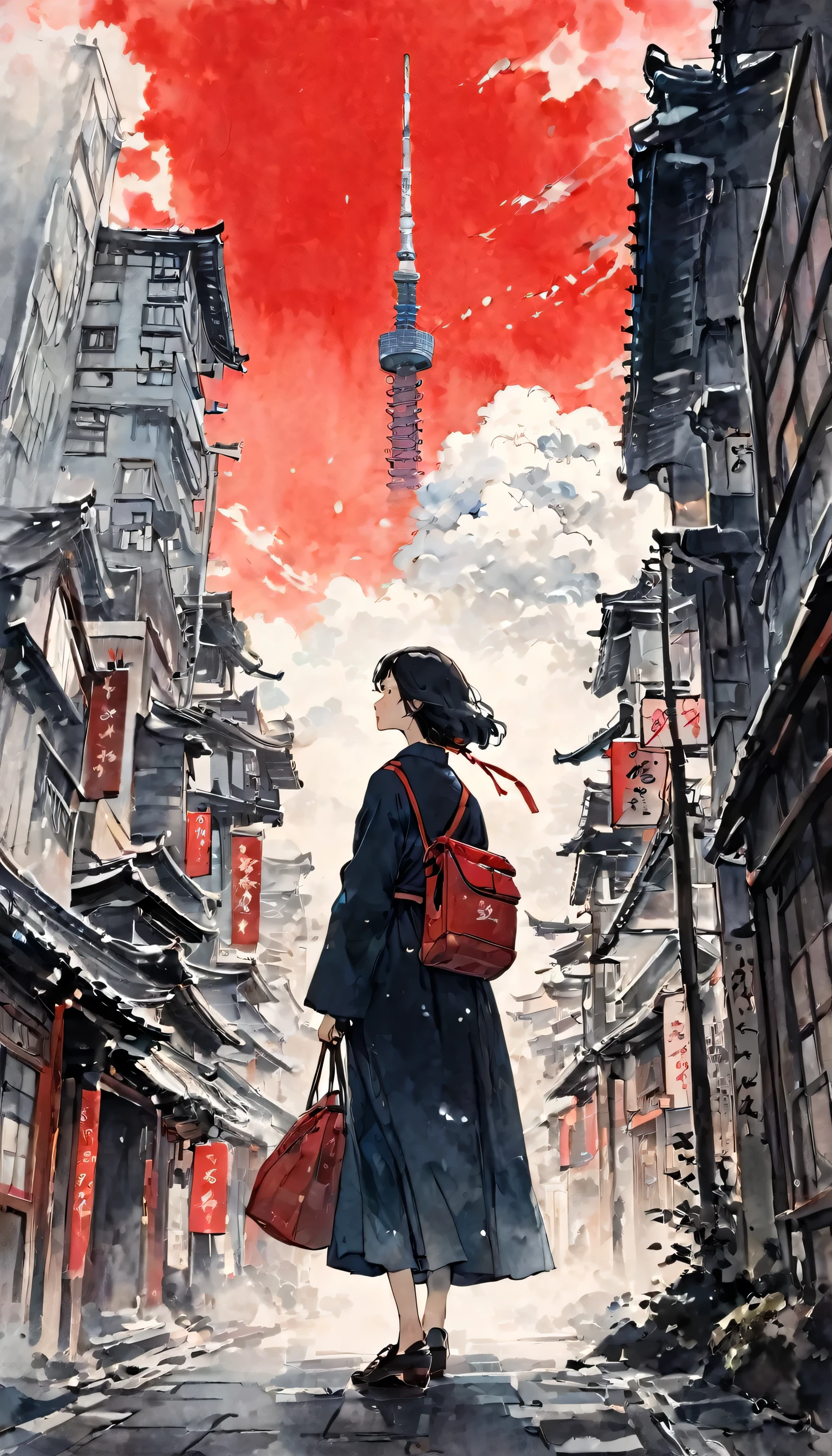 Katsushika Hokusai、vague、Mont、遠くに見えるSkyscraper、Ink and watercolor、Light tones、calligraphy、Ink Painting Ink Painting Drawn with a brush cyber punk Skyscraper cloud Streetscape Characters written with a brush Red stamp in the corner