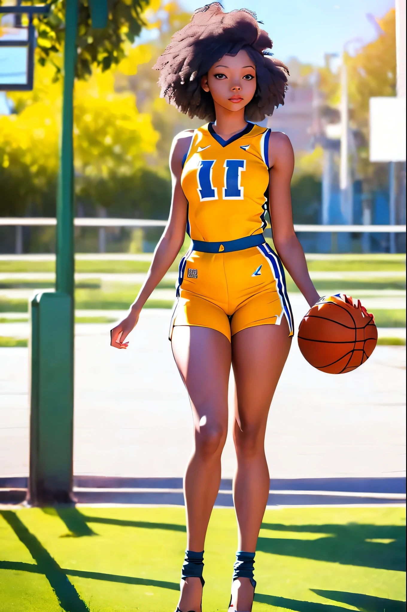 (8k, best quality, masterpiece:1.2), (realistic, photo-realistic:1.37), ultra-detailed,best quality, ultra high res, professional lighting, photon mapping, radiosity, physically-based rendering, cinematic lighting, basketball court,depth of field, sharp focus,sunbeam, good composition,(bokeh:1.2) 1girl,solo,(full body), (closed mouth),beautiful detailed eyes, pose, narrow waist,basketball uniform, black hair,messy hair,long hair floating in wind,(ulzzang-6500:1.2), mix4, hiqcgbody