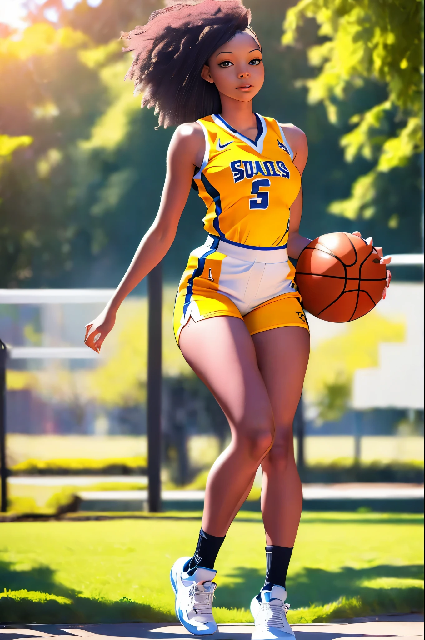 (8k, best quality, masterpiece:1.2), (realistic, photo-realistic:1.37), ultra-detailed,best quality, ultra high res, professional lighting, photon mapping, radiosity, physically-based rendering, cinematic lighting, basketball court,depth of field, sharp focus,sunbeam, good composition,(bokeh:1.2) 1girl,solo,(full body), (closed mouth),beautiful detailed eyes, pose, narrow waist,basketball uniform, black hair,messy hair,long hair floating in wind,(ulzzang-6500:1.2), mix4, hiqcgbody