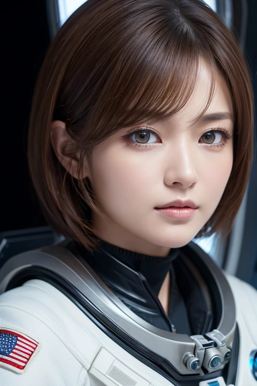 Ultra-high resolution、8k,(Genuine)、Nakamura Ichiyo Beautiful Woman、cyborg、Beautifully detailed eyes and skin、Light brown short hair、Full Space Suit、Space Station、Spaceship、What's left behind、cloudy、SF taste、Ultra-high resolution品質、