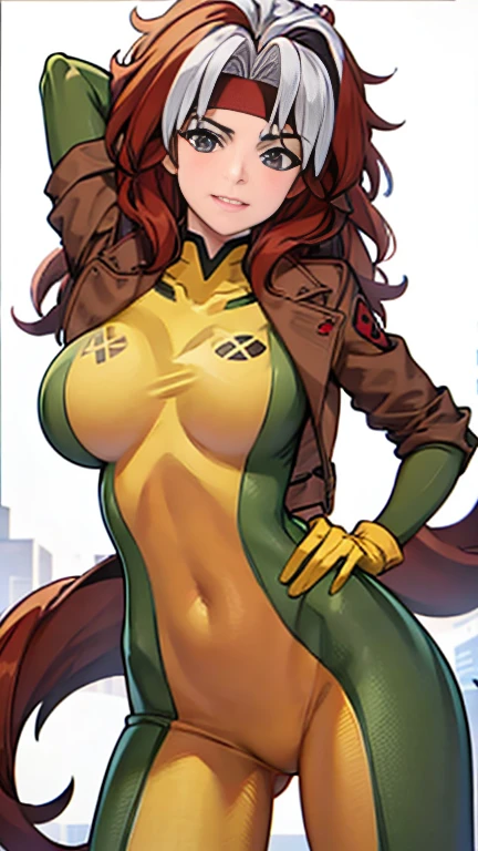 Rogue has large breasts showing and she is wearing her ripped rogue costume
