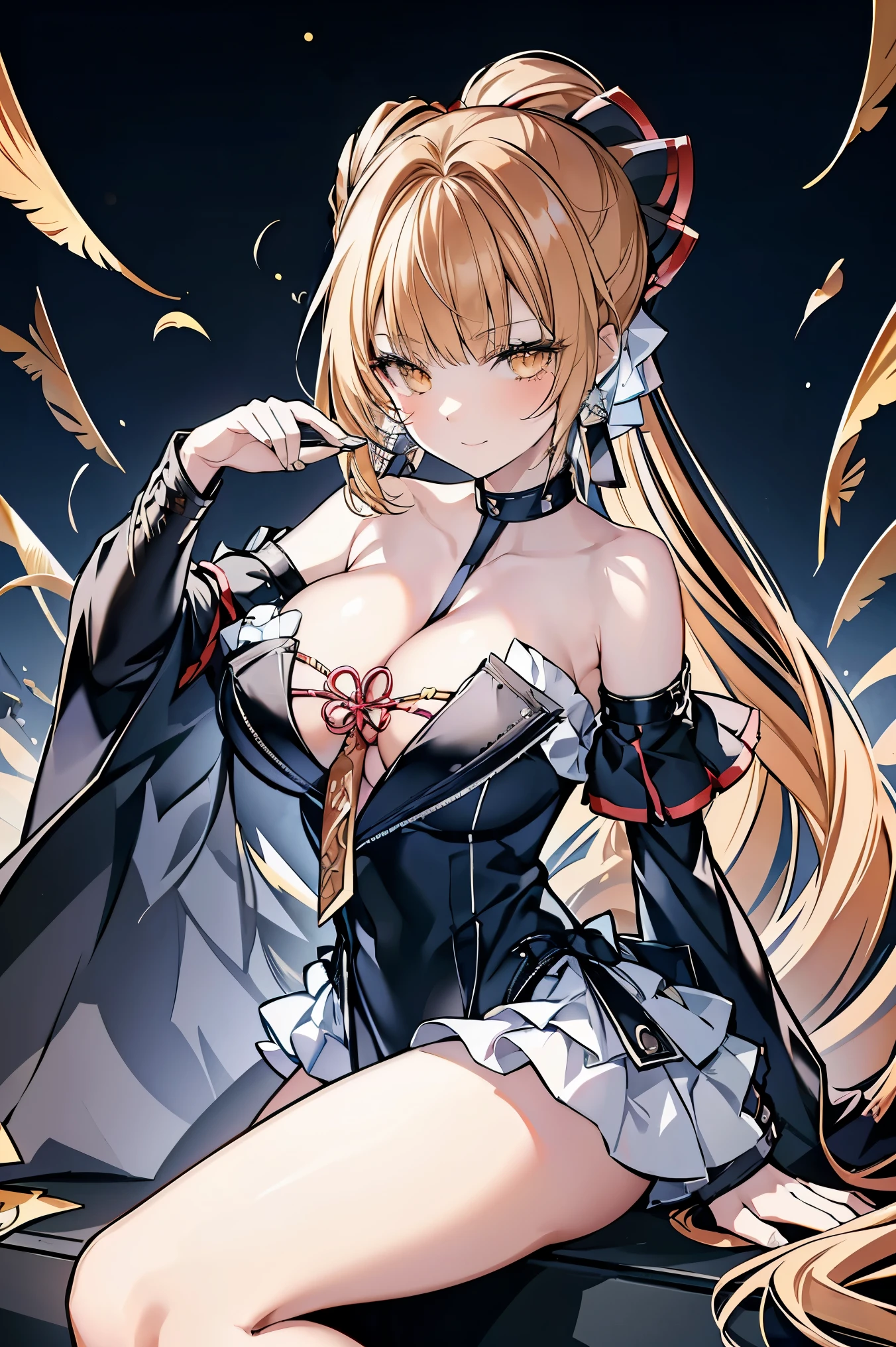 最高masterpiece、最high quality、Epic Seven Style、girl、 (Wavy Ponytail, Shoulder hair, Very long hair, very thick hair), Blonde or white hair、Have beautiful eyes, Golden Eyes, Star-shaped pupil, Diamond-shaped pupils), smile, Happy , Big Breasts, Cleavage, Crescent moon earrings, Casual wear goddess, 2 pairs of leather collars with beautiful jeweled feathers), (Hair Flower Hairpins), Using Lens Flare, chromatic aberration, Attention to detail, anime, Romanticism, op art, Written boundary depth, Motion Blur, Dazzling Light, Film Grain, 超High resolution, retina, Accurate, masterpiece, Anatomically correct, Rough skin, Very detailed, Attention to details, high quality, Awards, 最high quality, High resolution, 16K,、Panchira appearance、Pull up your skirt、whole body、Please change the pose