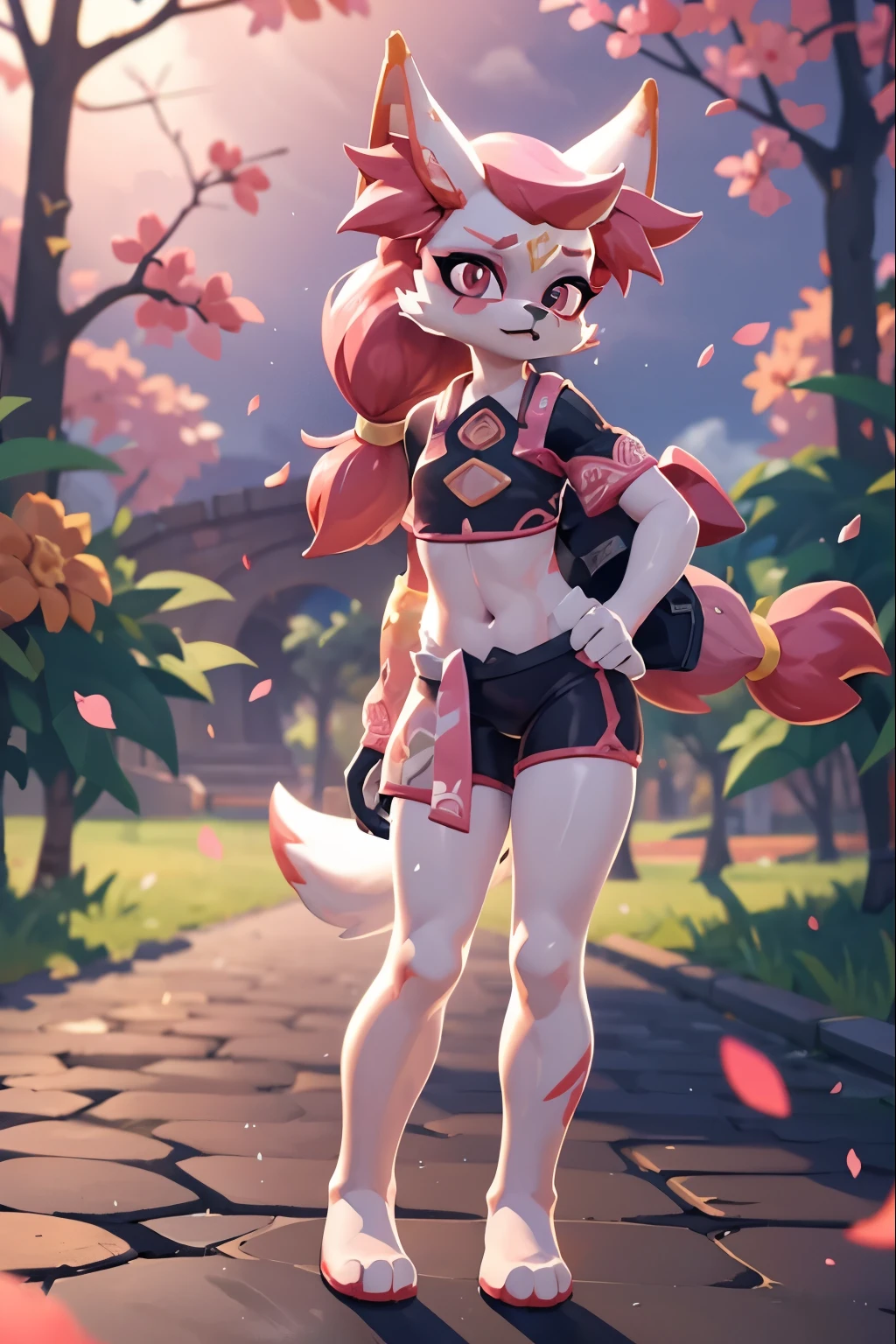 score_9,score_8_up,score_7_up, source_cartoon, source_furry, kimiko, furry female anthro, fox girl, white body fur, Pink hair, multiple tails, solo, body fur, (best quality), cinematic lighting, short ponytail, masterpiece, perfect hair, background of falling sakura petals, cherry blossoms, Kimiko clothes, uperbody,