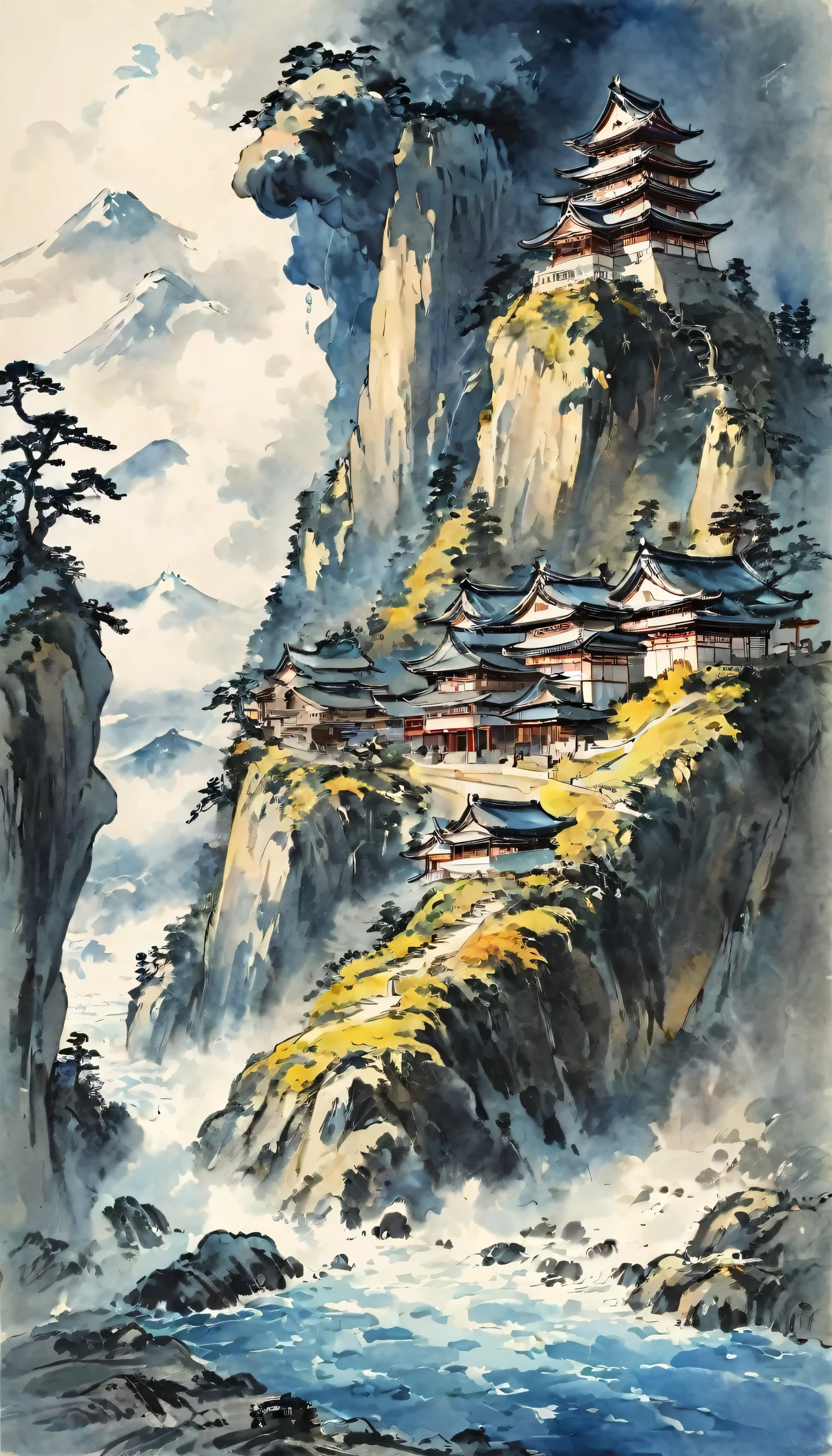 Katsushika Hokusai、vague、Mont、Huge castle、cliff、Rock surface、waterfall、port、gather together、Ink and watercolor、Light tones、calligraphy、Ink Painting　Ink Painting　Drawn with a brush　cyber punk　cloud　Characters written with a brush