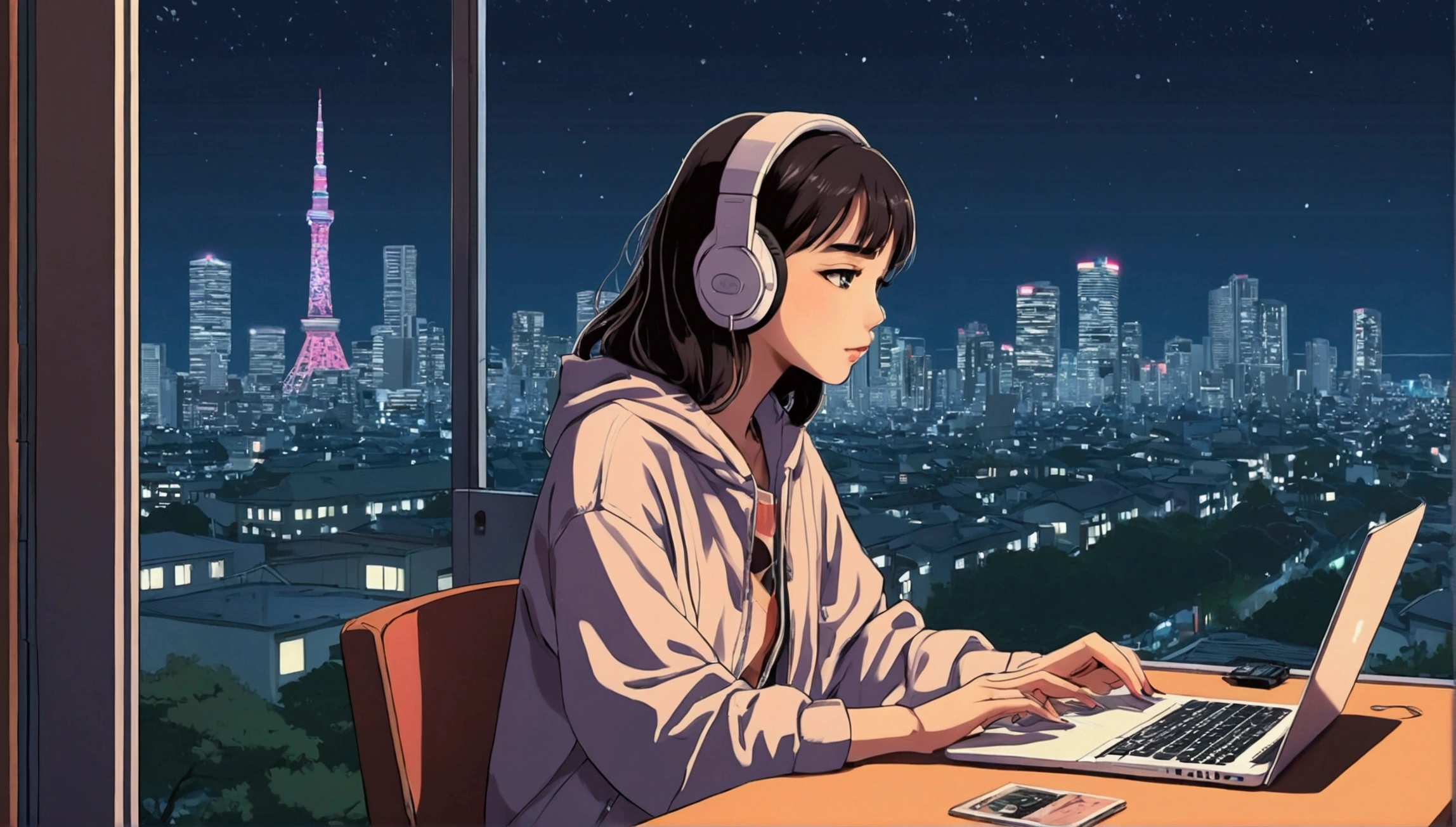 Anime girl sitting at a table with a laptop and headphones, Tokyo night view from the window, zeroガール, Praise the art style, Portrait of Rofi, Lofi Art, L'official Sensation, zero, zeroバイブ, Chill Hop, Lo-fi girl aesthetic, Lo-fi art, zeroカラー, Lo-fi style illustration, Hip Hop Lofi, Lo-fi aesthetic