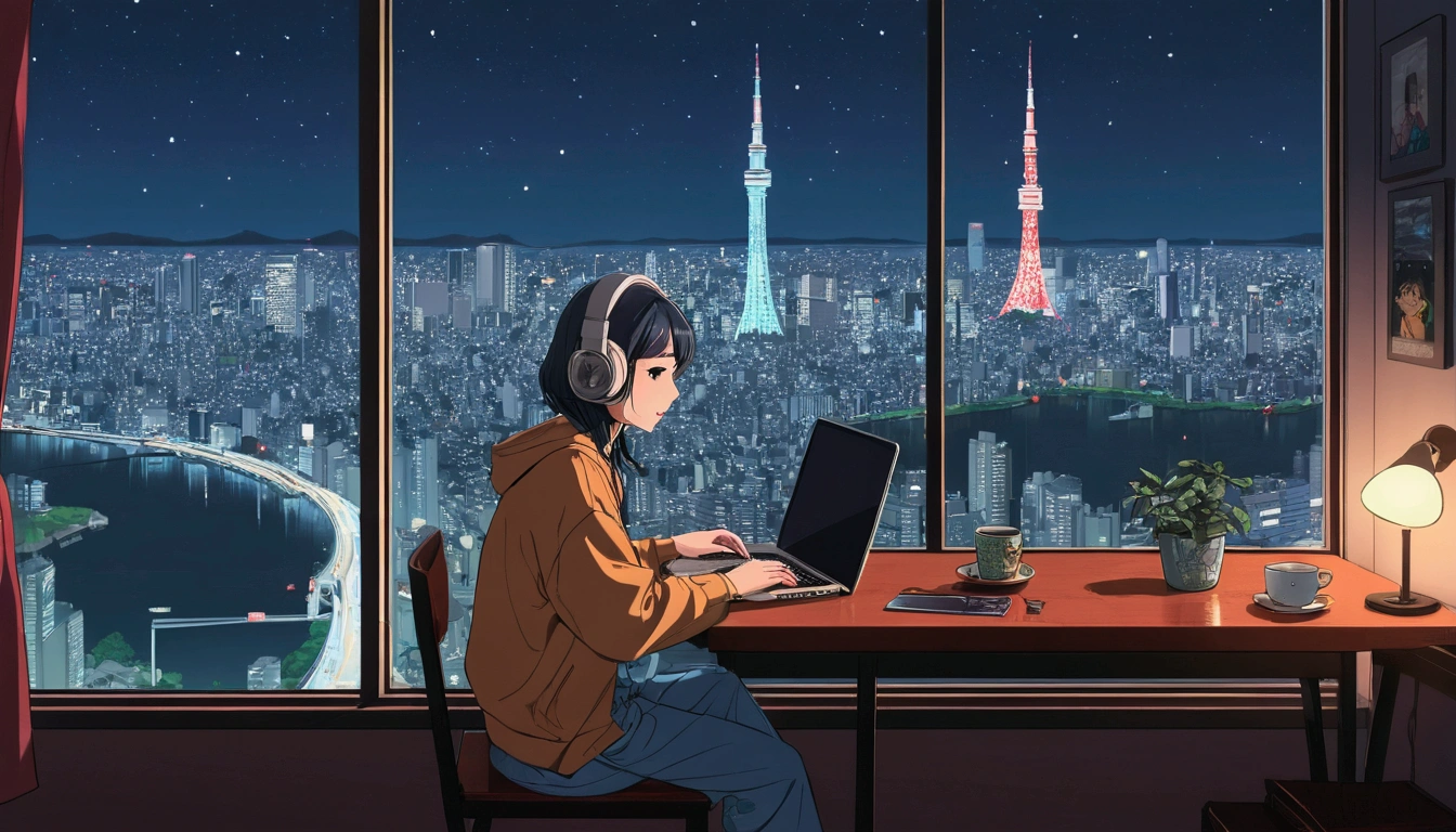 Anime girl sitting at a table with a laptop and headphones, Tokyo night view from the window, zeroガール, Praise the art style, Portrait of Rofi, Lofi Art, L'official Sensation, zero, zeroバイブ, Chill Hop, Lo-fi girl aesthetic, Lo-fi art, zeroカラー, Lo-fi style illustration, Hip Hop Lofi, Lo-fi aesthetic