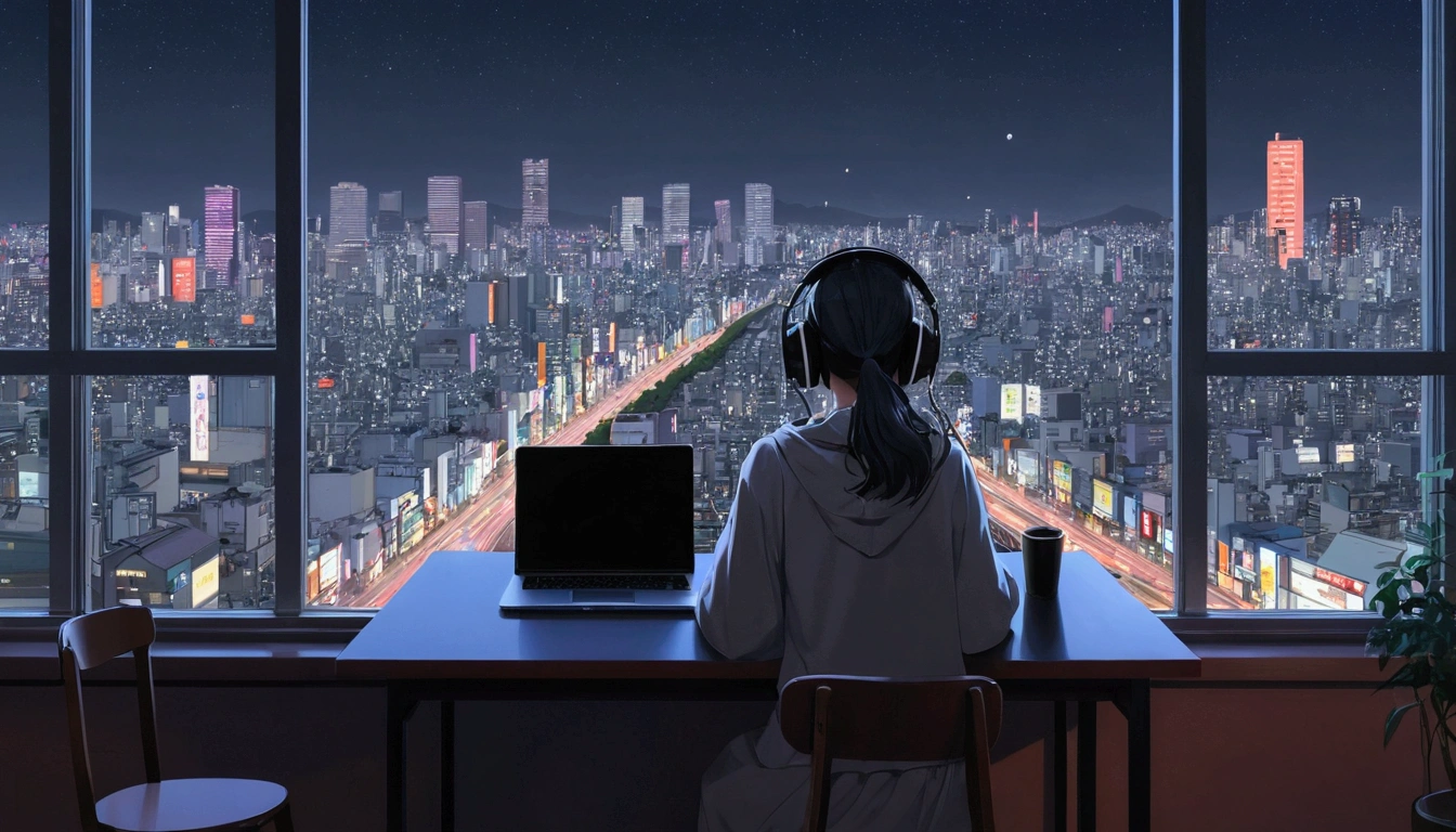 Anime girl sitting at a table with a laptop and headphones, Tokyo night view from the window, zeroガール, Praise the art style, Portrait of Rofi, Lofi Art, L'official Sensation, zero, zeroバイブ, Chill Hop, Lo-fi girl aesthetic, Lo-fi art, zeroカラー, Lo-fi style illustration, Hip Hop Lofi, Lo-fi aesthetic