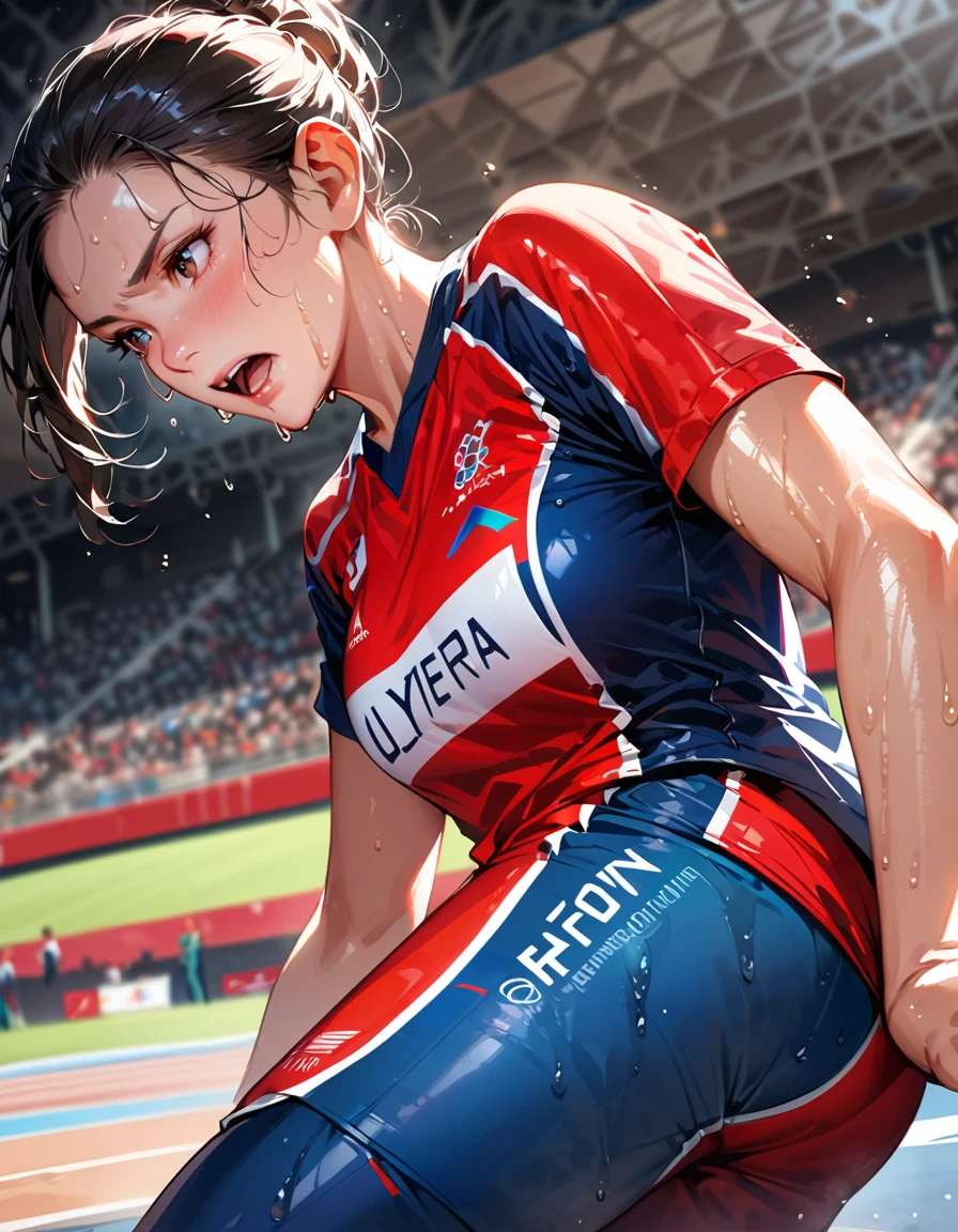 Young beautiful woman,(Highest quality,Extremely detailed depiction,Incredibly absurd high resolution,Anatomically accurate depiction),(Glowing Skin,Shiny skin),(Olympic athletes),(Player uniforms,Sweat,),In competition,SFW:1.5,background:Athletics Stadium