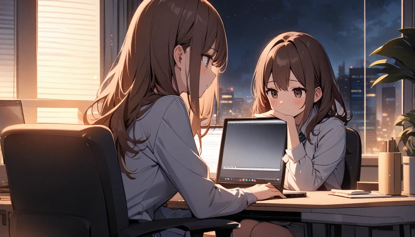 Beautiful and cute,single,long brown hair,Working in front of the computer,Night time at the office,The room was very dark with only a single light shining on it.,The large office gives a very lonely feeling.