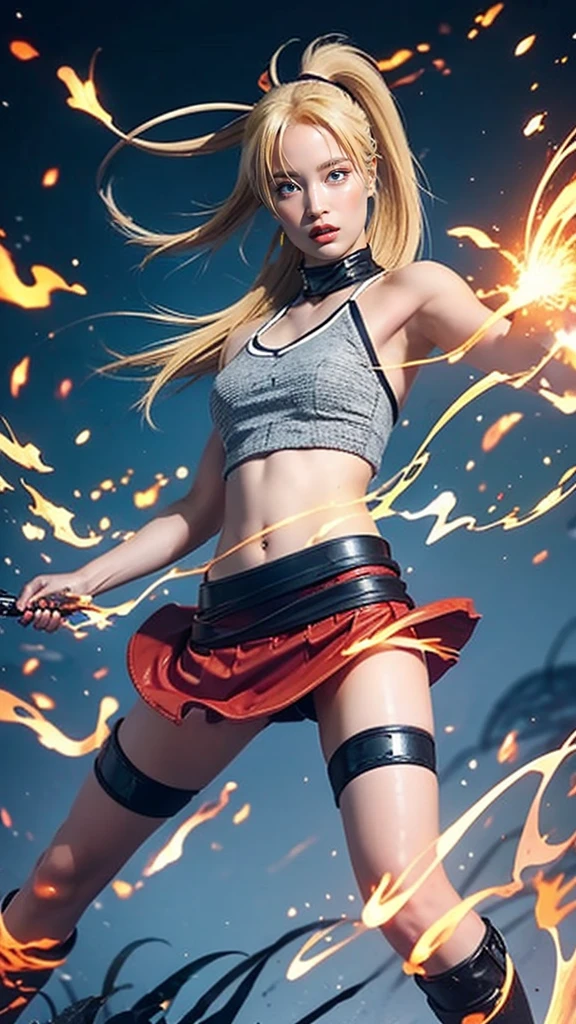 Moisturized skin, (gradient eyes), realistic body, (adult female body), energetic, (), (girl), crop top,
BREAK,
bright red lipstick, (beautiful navel), (golden hair), beautiful hair, (Naruto Uzumaki's clothes), (twintails), (leather), mini skirt,
BREAK,
((masterpiece + highest quality + high resolution + highly detailed)), (full body: 1.2), symmetrical, one shot,
BREAK,
(electric shock), (wind blows), (blue electricity), (battle stance: 1.4),
BREAK,
assassination, cut, kunai, fantastical, dynamic,