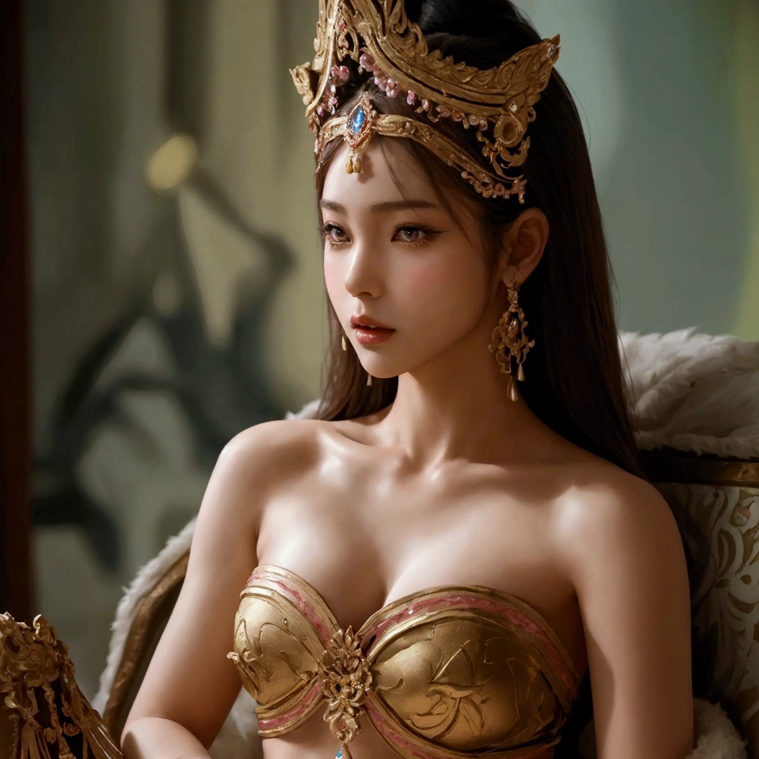 Create an image of a beautiful woman wearing a sexy traditional Thai female warrior outfit. She has a slender face, sharp eyes, long hair, an angled face, a high nose, thin lips, a chest size of 32 inches, a waist size of 24 inches, hips size 33 inches, her skin is bright and white. she has brown hair She has pink nipples Her body was slim and muscular like an athlete. And she was enjoying sitting with her legs spread in an M shape, showing off her very attractive genitals.