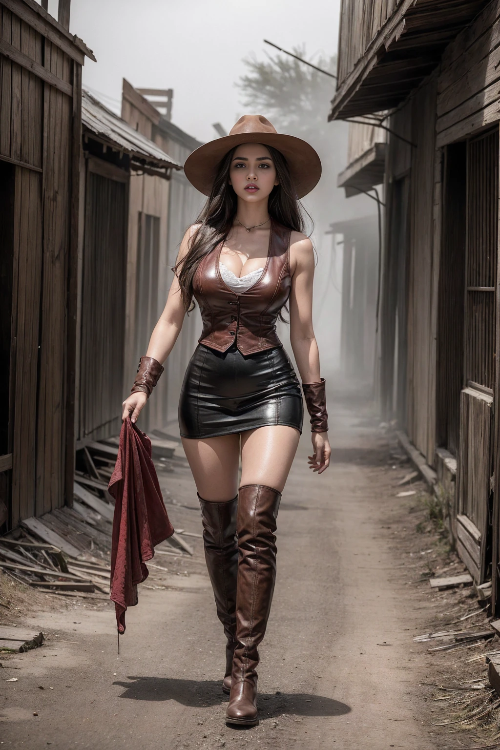 Full body cowboy woman circa 1880s, Brown long straight hair, Brown eyes, High arched eyebrows, Slender and graceful neck, Red lips, Large Breasts, Brown Leather Tights, Sleeveless Brown Leather Vest, Leather Boots, Walking on the dusty sandy streets of a deserted North American town,The wind blew through her hair, Practical, photoPractical, photoPractical, fear, Dark gloomy atmosphere and dramatic lighting, dark red, Foggy environment, Detailed facial expressions, Terrible fog