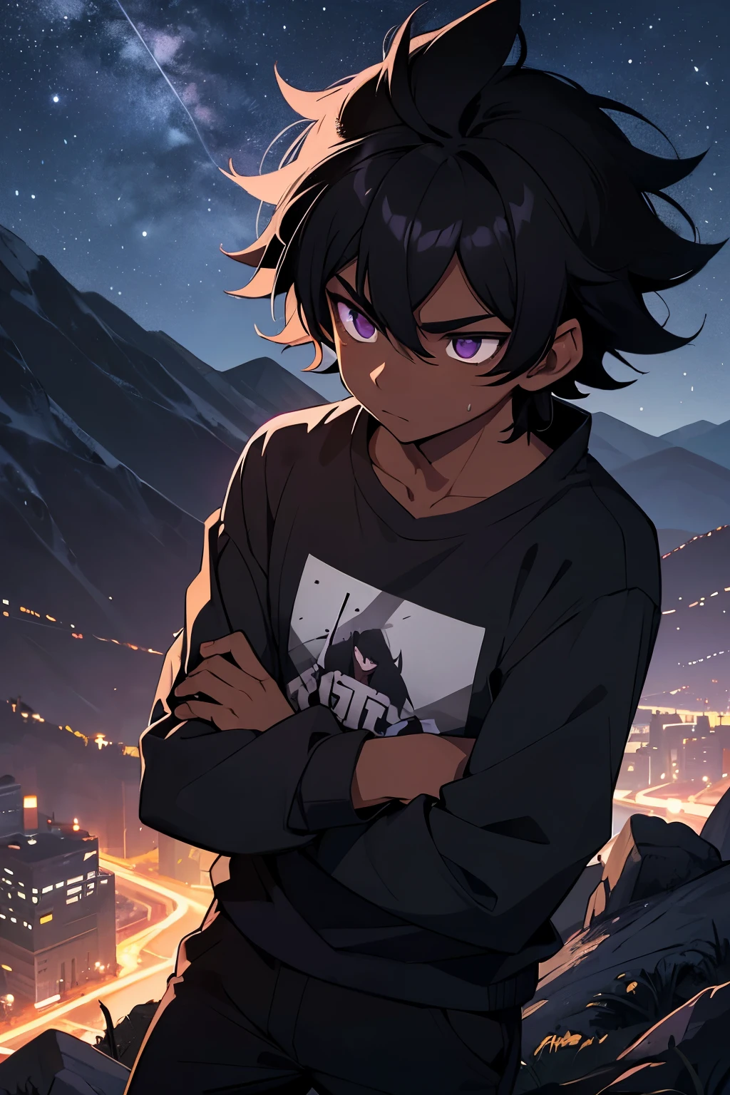 young male, dark skin, black hair, messy hair, purple eyes, black long-sleeved shirt, black sweatpants, on a mountain at night, cold expression.
