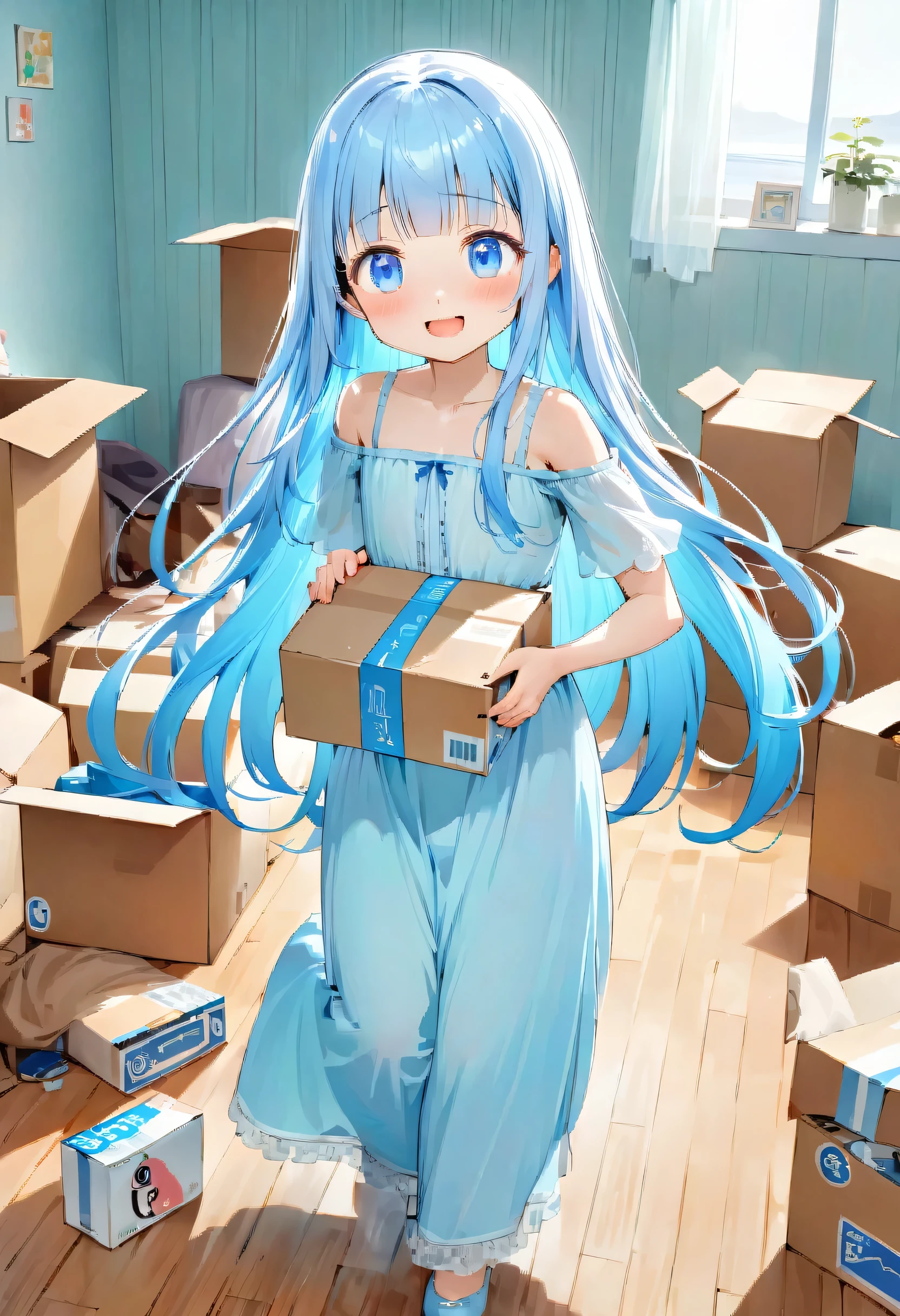  masterpiece, best quality, extremely detailed, (illustration, official art:1.1), 1 girl ,(((( light blue long hair)))), ,(((( light blue long hair)))),light blue hair, , long hair ((blush)) , cute face, masterpiece, best quality,(((((a very delicate and beautiful girl))))),Amazing,beautiful detailed eyes,blunt bangs((((little delicate girl)))),(((tareme))),droopy eyes.(true beautiful:1.2), sense of depth,dynamic angle,,,, affectionate smile, (true beautiful:1.2),,(tiny 1girl model:1.2),)(flat chest),bend at the waist、Movers、Trying to lift a cardboard box off the floor、Pink haired woman、blue eyes,moving,room,tidying up,cardboard, As (she carries the carton box:1.3), she looks excited about living in her new room.