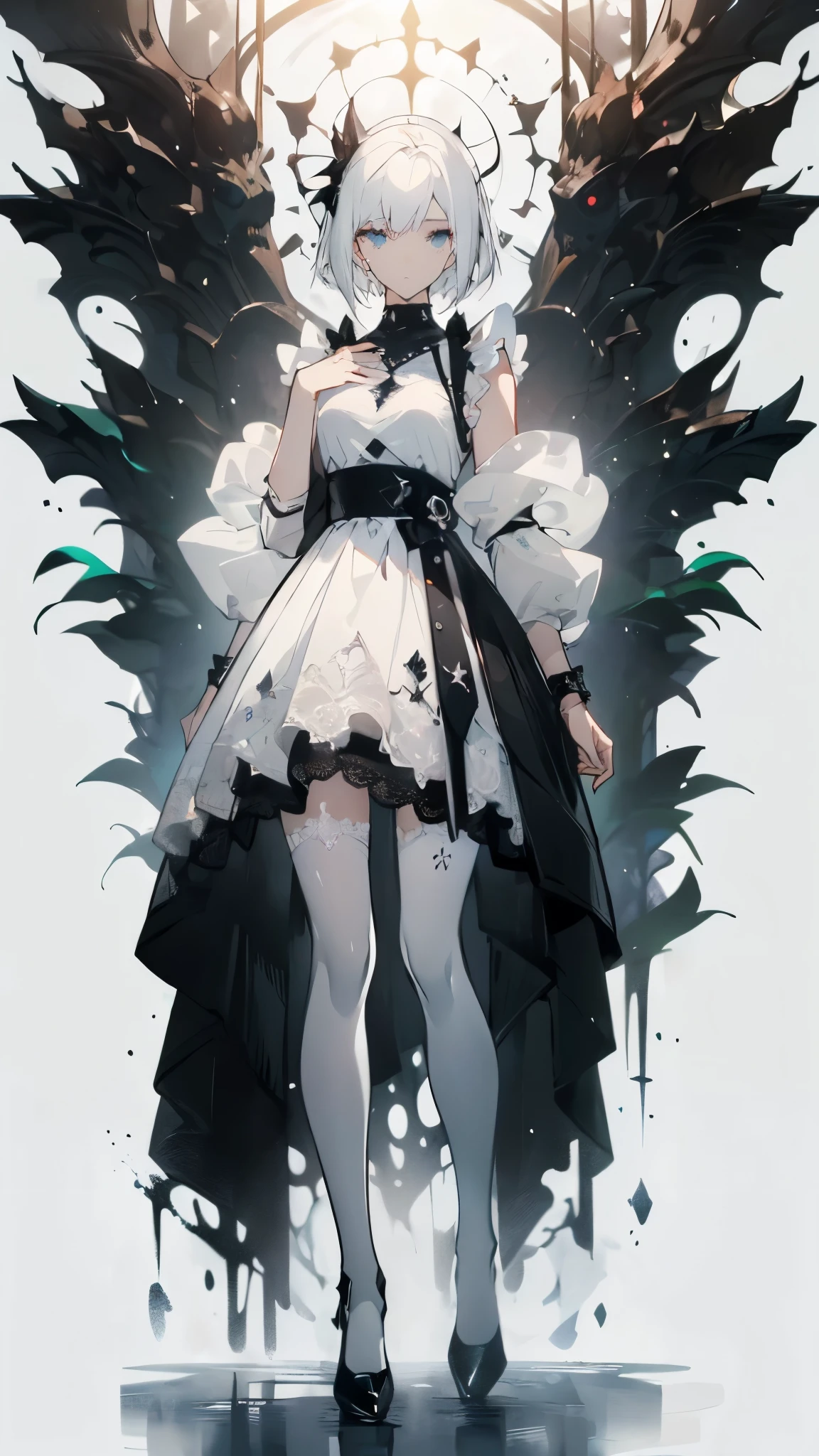 ((masterpiece, best quality)), Pure white background,Delicate face,JK style,Full body painting,Perfect body proportions,Long legs,High heel,Handsome short hair,((Half of her hair is white,The other half is black,Available in two colors)),beautiful eyes,Fantasy style,Extremely beautiful,Transparent underwear,Lace,Pantyhose