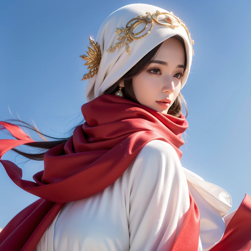 arafed woman in a white and gold dress and a red scarf, beautiful oriental woman, white hijab, wonderful, wearing a luxurious silk cloak, portrait shot, traditional beauty, captured on canon eos r 6, arabian beauty, beautiful arab woman, gorgeous lady, dilraba dilmurat, flowing golden scarf, hijab, ao dai, beautiful asian girl, fanart