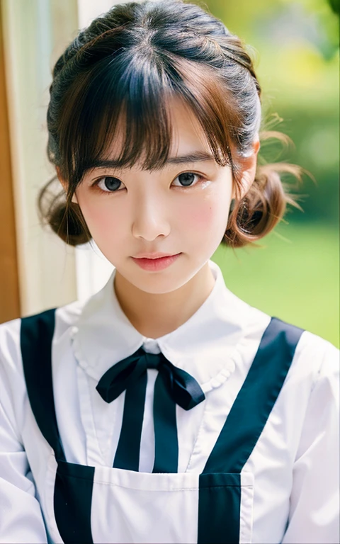 ((of the highest quality, 8K, masutepiece: 1.3)), Beauty, 1 Japan Girl, lolli (baby face:1.2, round face, lower height), portrait, brown hair, bob hair, (wavy hair, curl inward), 28 years old, Detailed face, very detailed lips, Detailed eyes, Double eyelids, Sweaty skin: 1.2, :o, head tilt, (maid dress. black collared dress, puffy sleeves, long sleeves, white apron, frilled apron), in the bed room, 